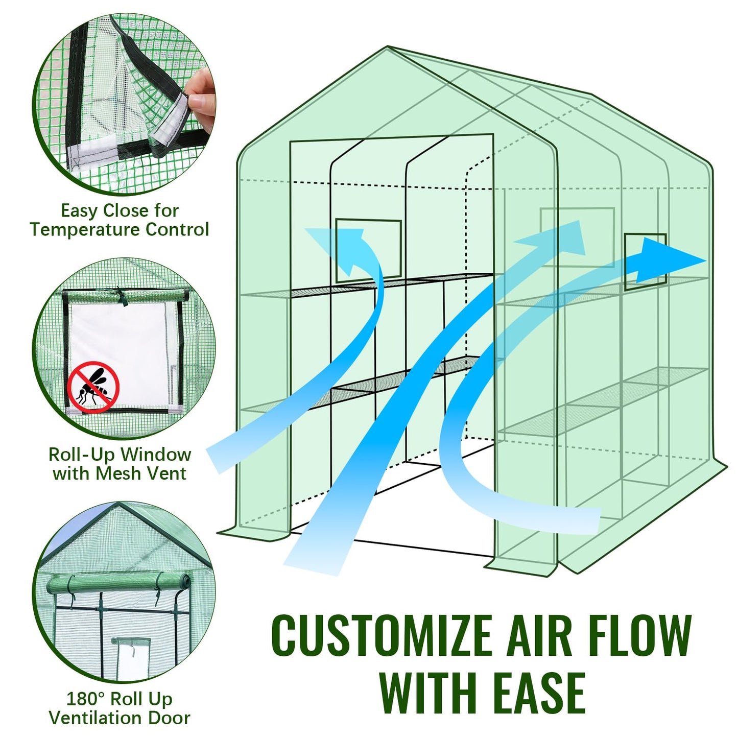Greengro Greenhouse, 57 x 57 x 76'' Greenhouses for Outdoors, Durable Green House Kit with Window, Thicken PE Cover, 3 Tiers 8 Shelves, Heavy Duty Walk in Green Houses for Indoor Backyard Outside