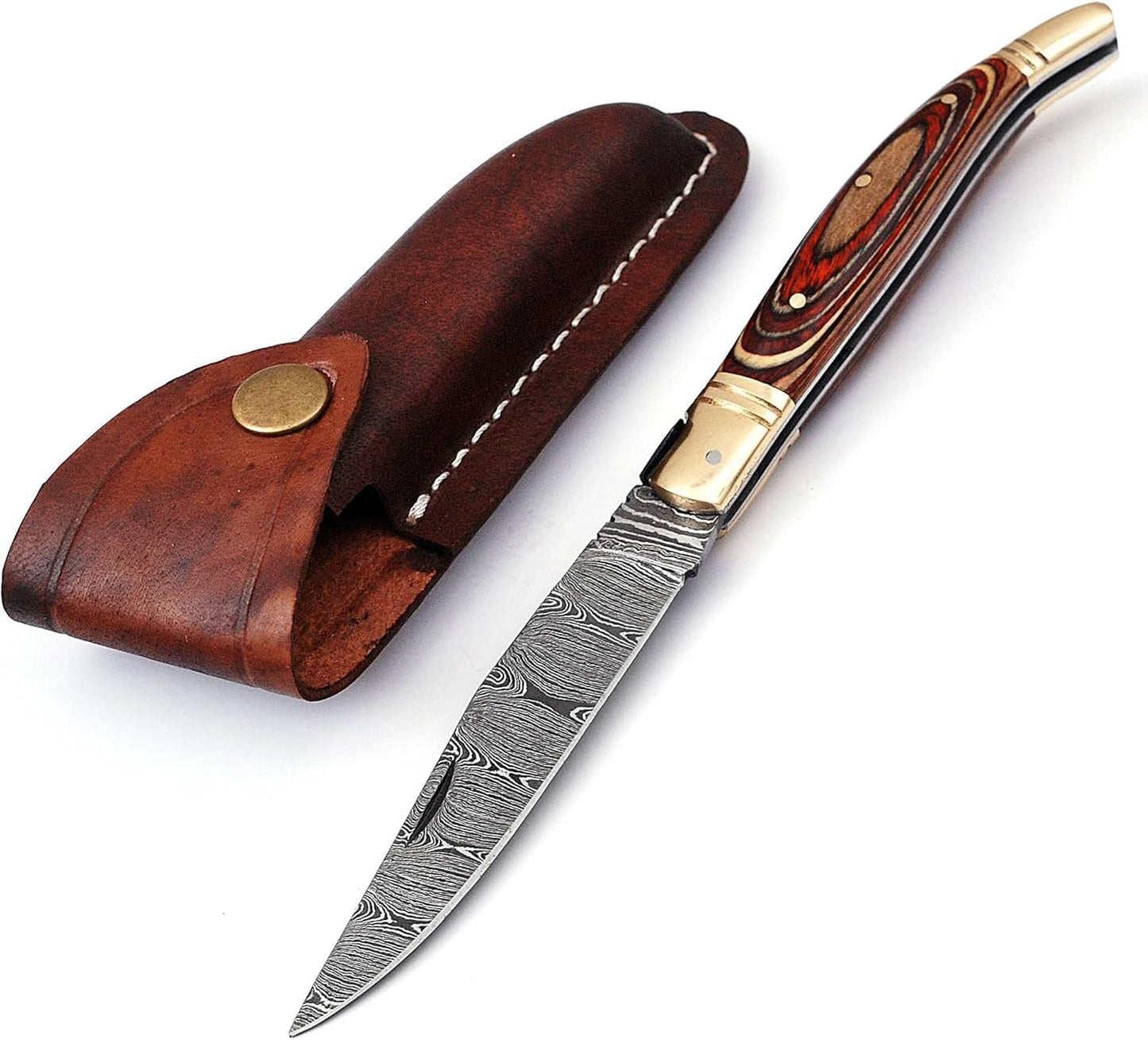 Damascus steel folding knife with leather sheath, 8.5 inches long laguiole pocket knife with 4 inches long Damascus steel Blade, 4.5 inches Blue multi colored wood scale with Brass bolster and pommel,