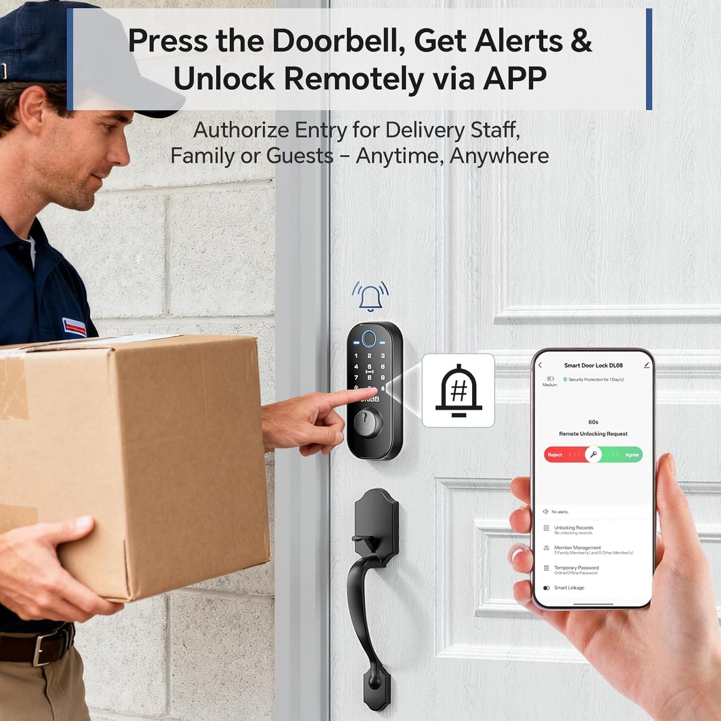 Smart Front Door Lock Set, Built-in WiFi, Keyless Entry Deadbolt with App Remote Control, Electronic Digital Touchscreen Keypad with Lever Handle, Fingerprint/Passcode/Fob/Key Unlock, Auto Lock