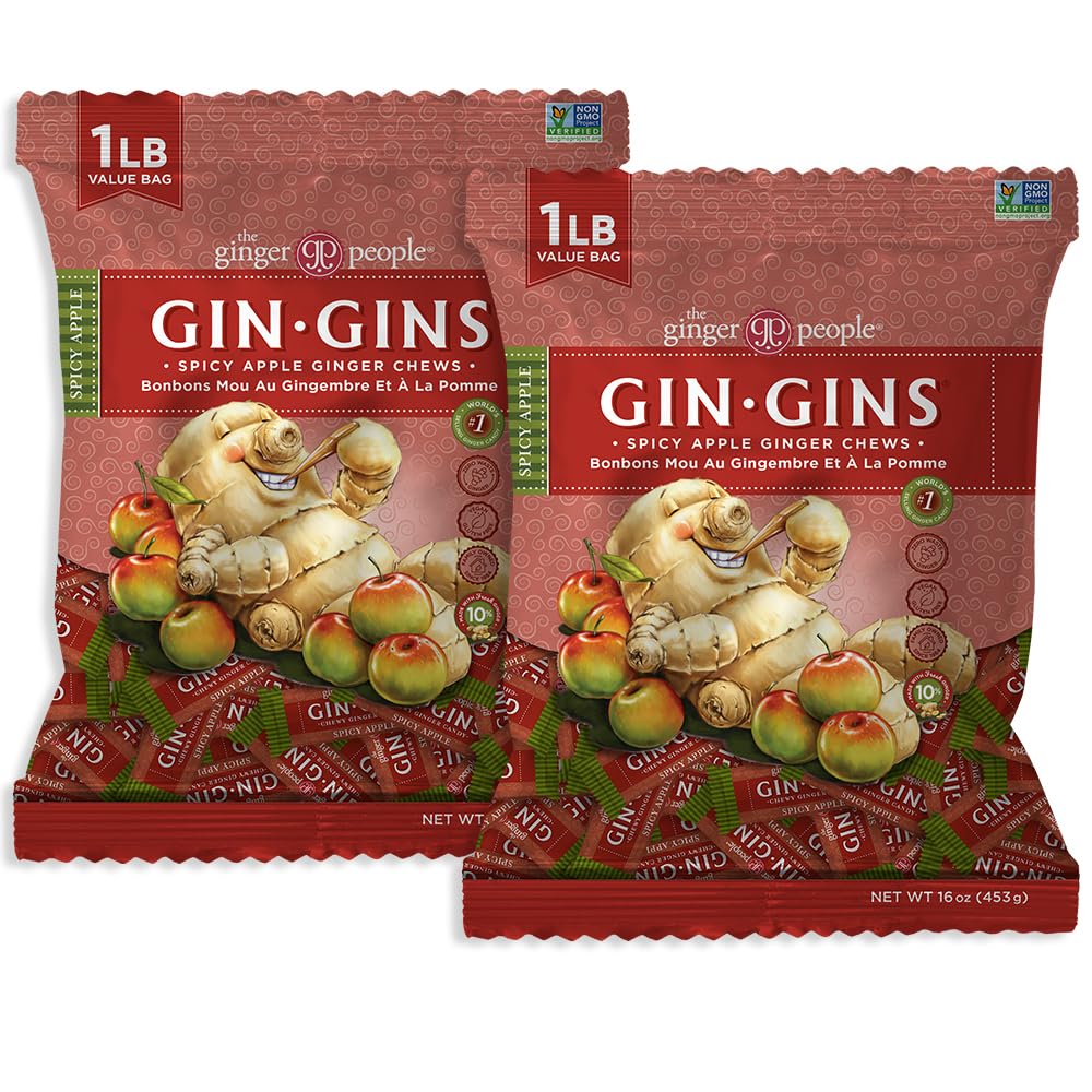 GIN GINS Spicy Apple Ginger Chews – Natural Fresh Ginger Candy by The Ginger People – Individually Wrapped Healthy Candy – Spicy Apple Ginger Flavor – Large 1 lb Bag (16oz) – Pack of 1