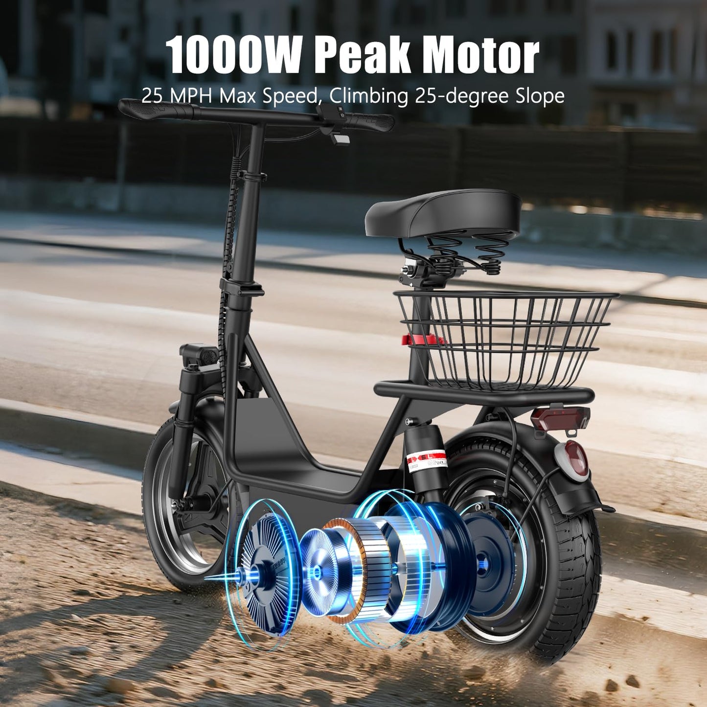 Electric Scooter for Adults, 1000W Peak Motor, Up to 25 MPH 30 Miles, Electric Scooter with Seat, Multiple Suspension, Bright Lights, Provides Comfortable and Safe Ride, 14" E Scooter for Commuting