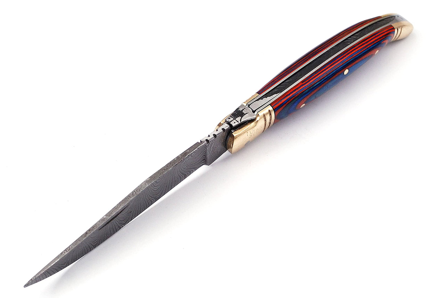 Damascus steel folding knife with leather sheath, 8.5 inches long laguiole pocket knife with 4 inches long Damascus steel Blade, 4.5 inches Blue multi colored wood scale with Brass bolster and pommel,