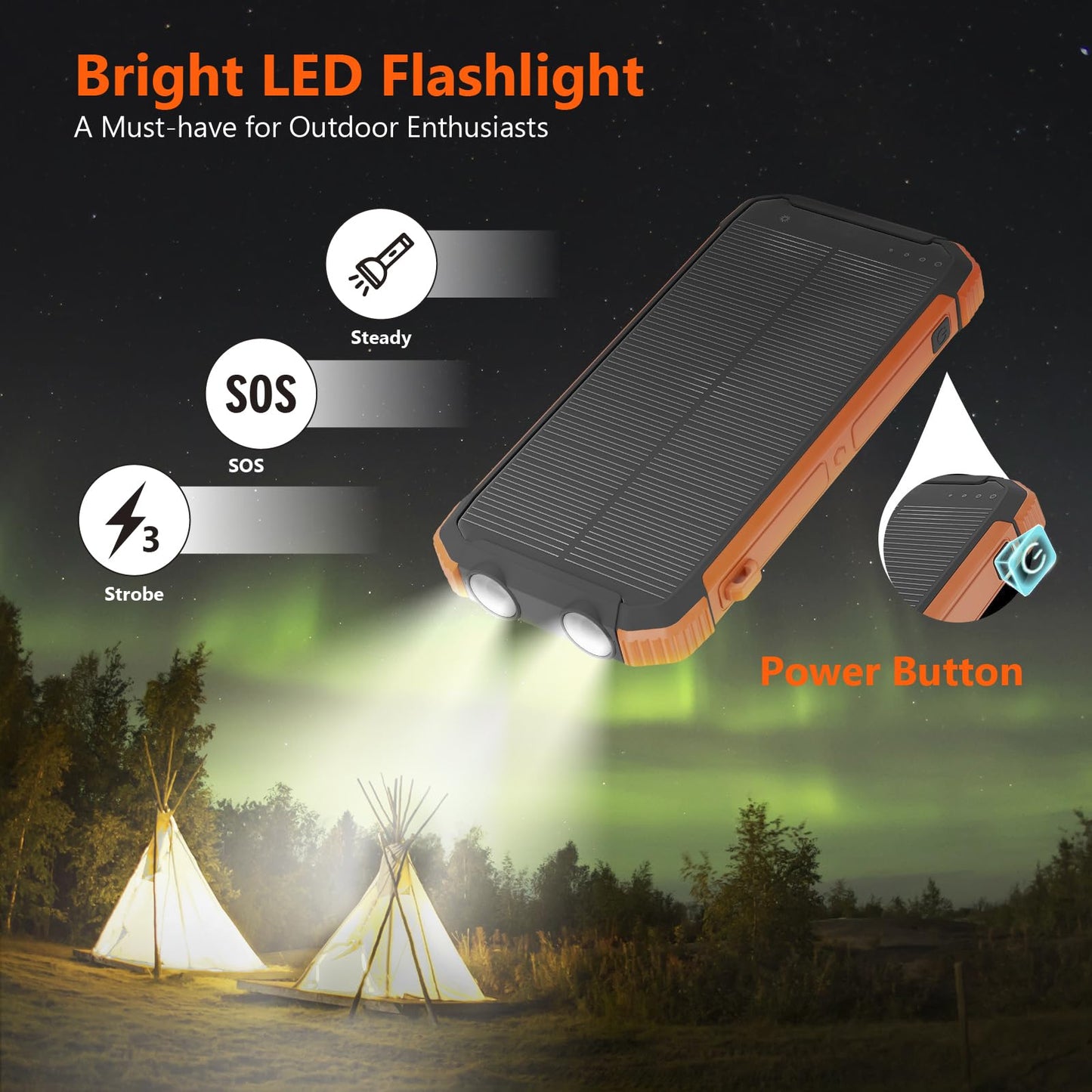 Solar Charger Power Bank 20,000mAh, Portable Wireless Charger, Fast Charging External Battery Bank with 6 Outputs for Cell Phones, Portable Solar Panel with Dual Flashlight for Camping