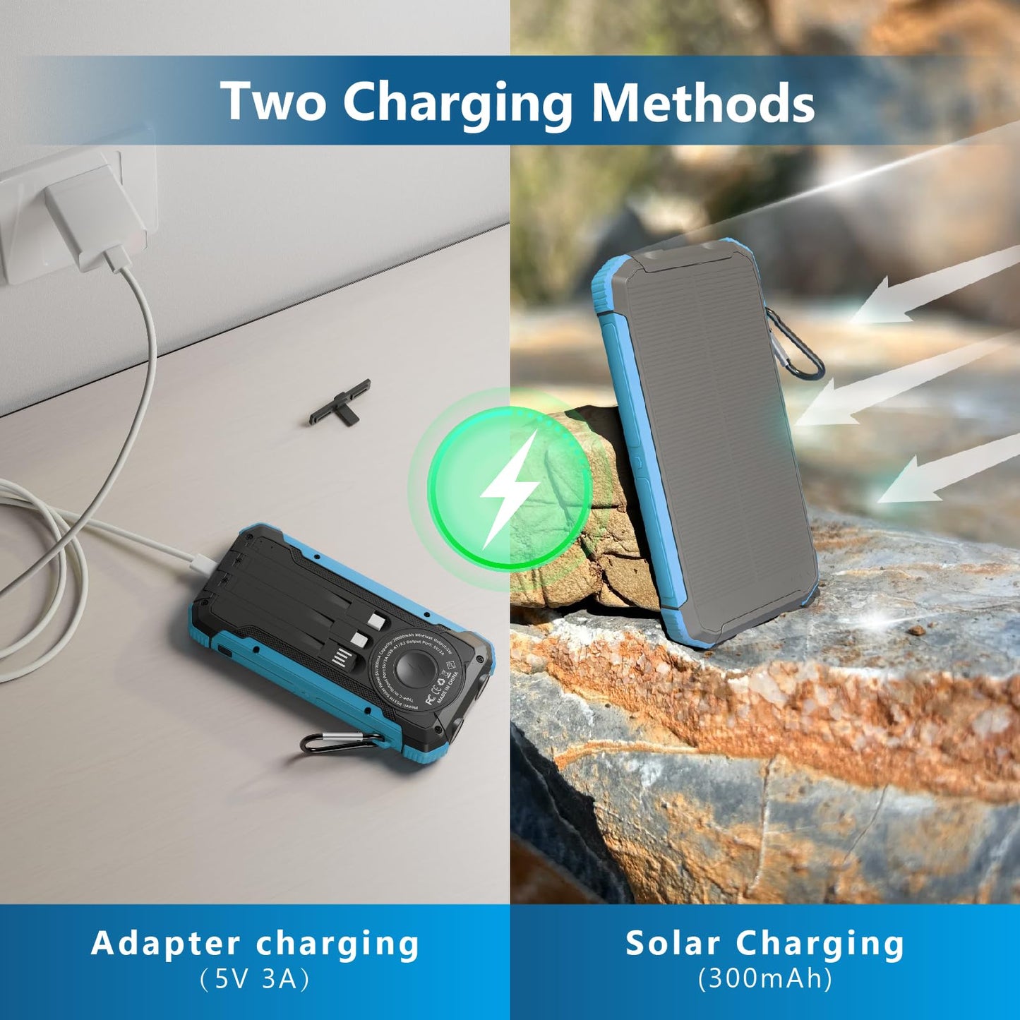Solar Charger Power Bank 20,000mAh, Portable Wireless Charger, Fast Charging External Battery Bank with 6 Outputs for Cell Phones, Portable Solar Panel with Dual Flashlight for Camping