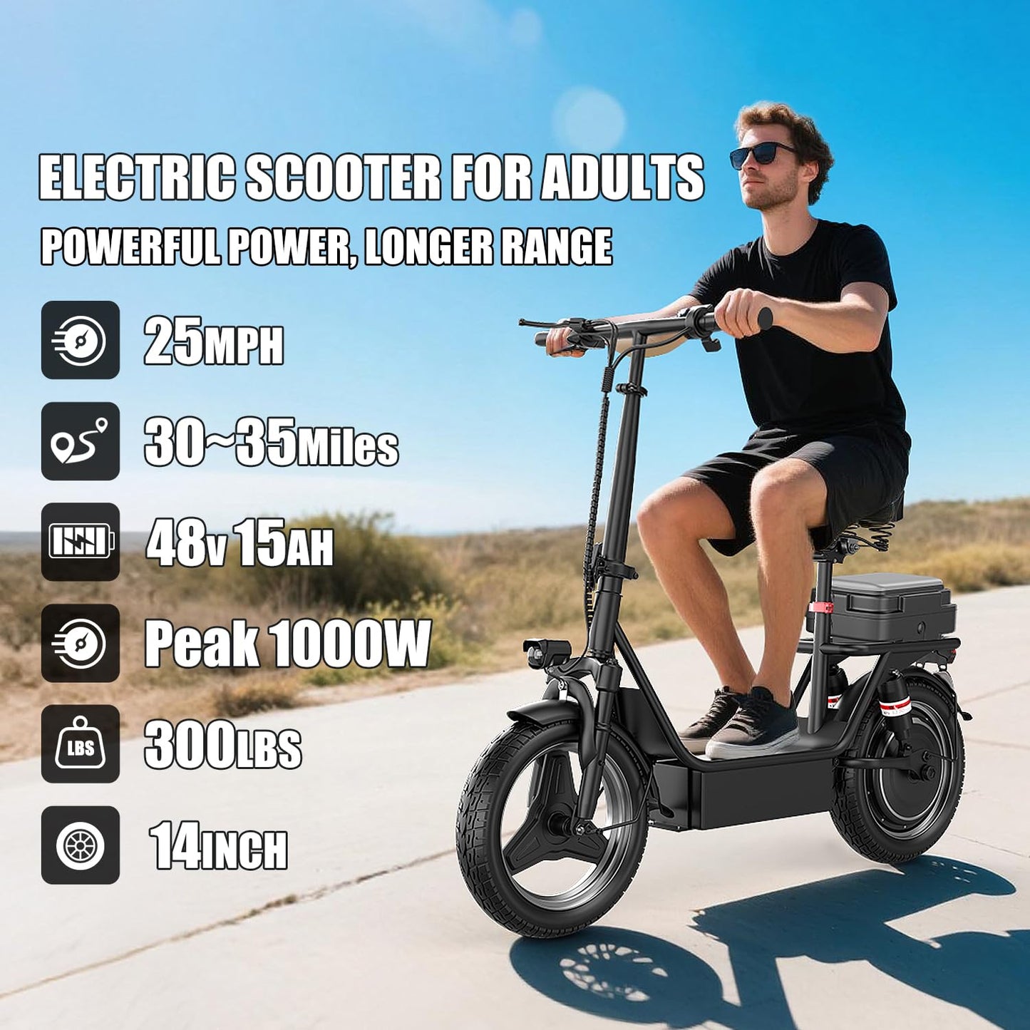 Electric Scooter for Adults, 1000W Peak Motor, Up to 25 MPH 30 Miles, Electric Scooter with Seat, Multiple Suspension, Bright Lights, Provides Comfortable and Safe Ride, 14" E Scooter for Commuting