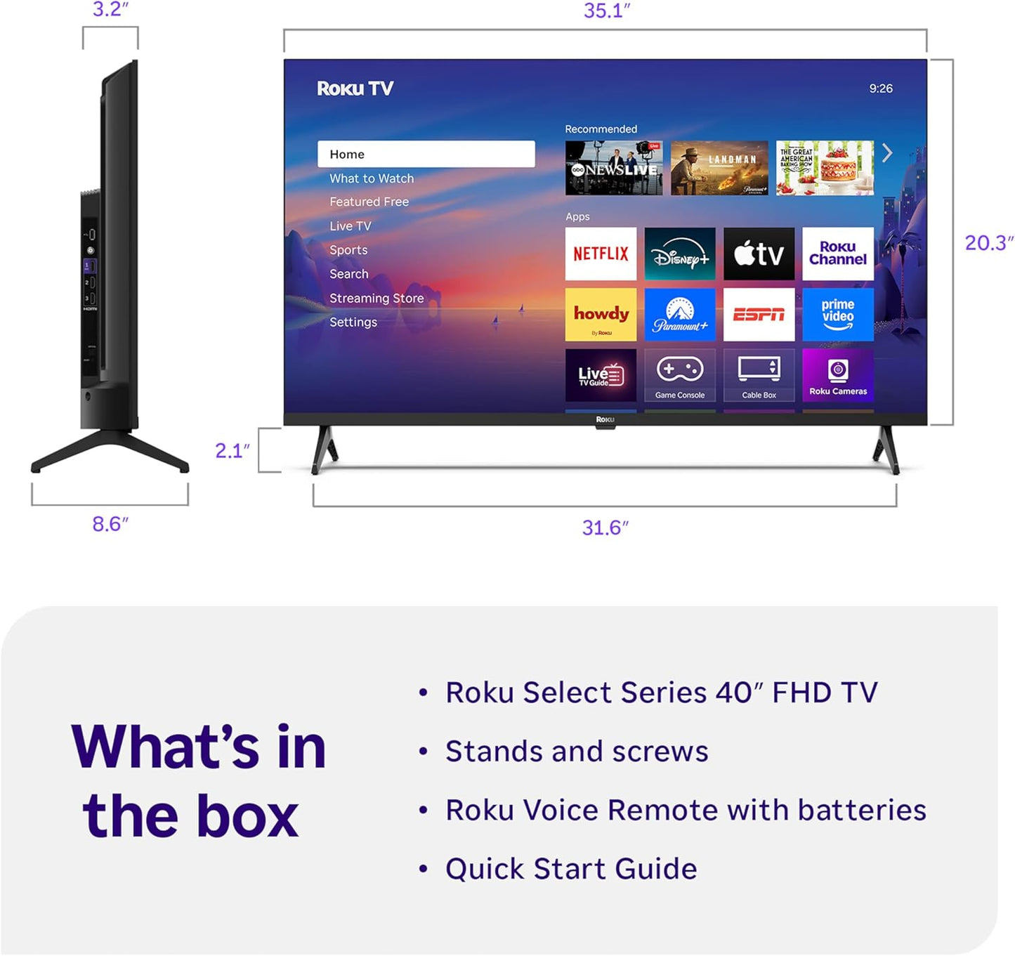 Roku Smart TV 2025 – 40-Inch Select Series, 1080p Full HD TV – Roku TV with Voice Remote – Flat Screen LED Television with Wi-Fi for Streaming Live Local News, Sports, Family Entertainment