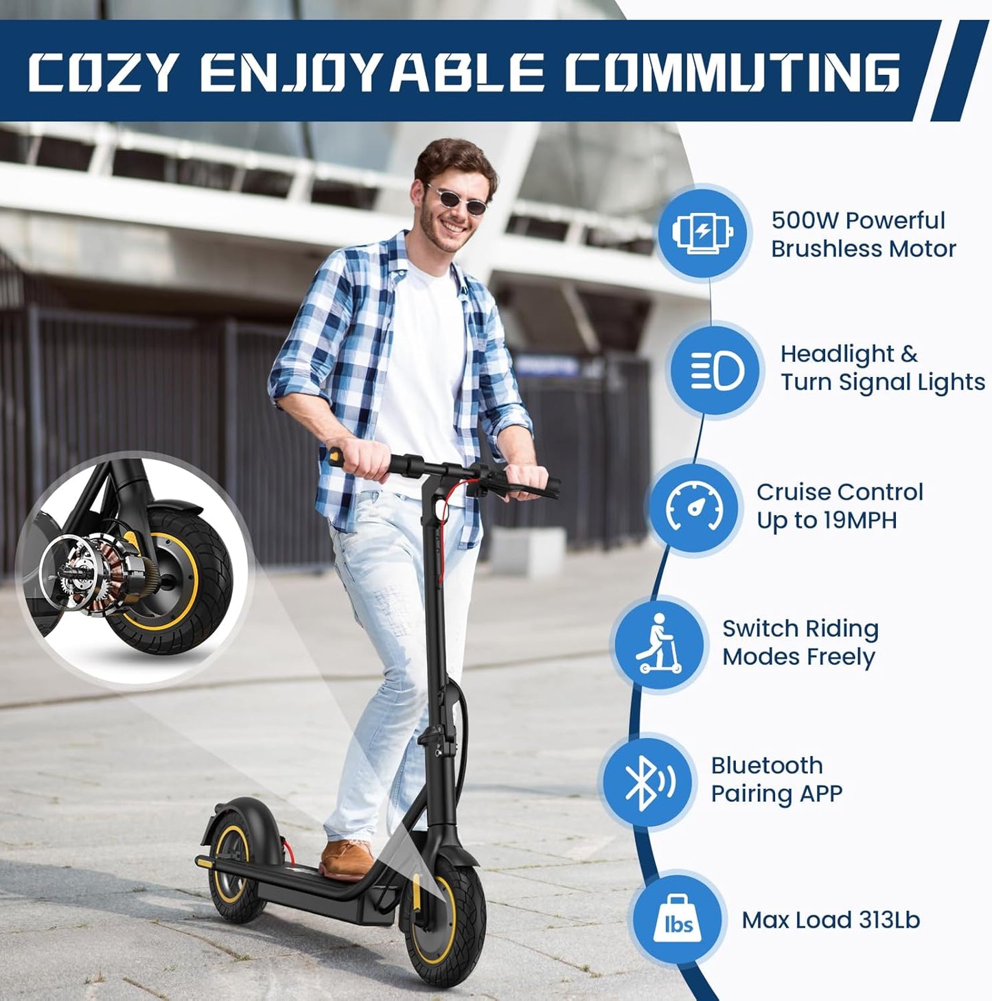 DXH Electric Scooter for Adults, Folding E Scooter with 500W Motor 19 Mph Top Speed, Max 21 Miles Long Range, 10'' Solid Tires Commuting Scooters, Dual Braking System and App Control