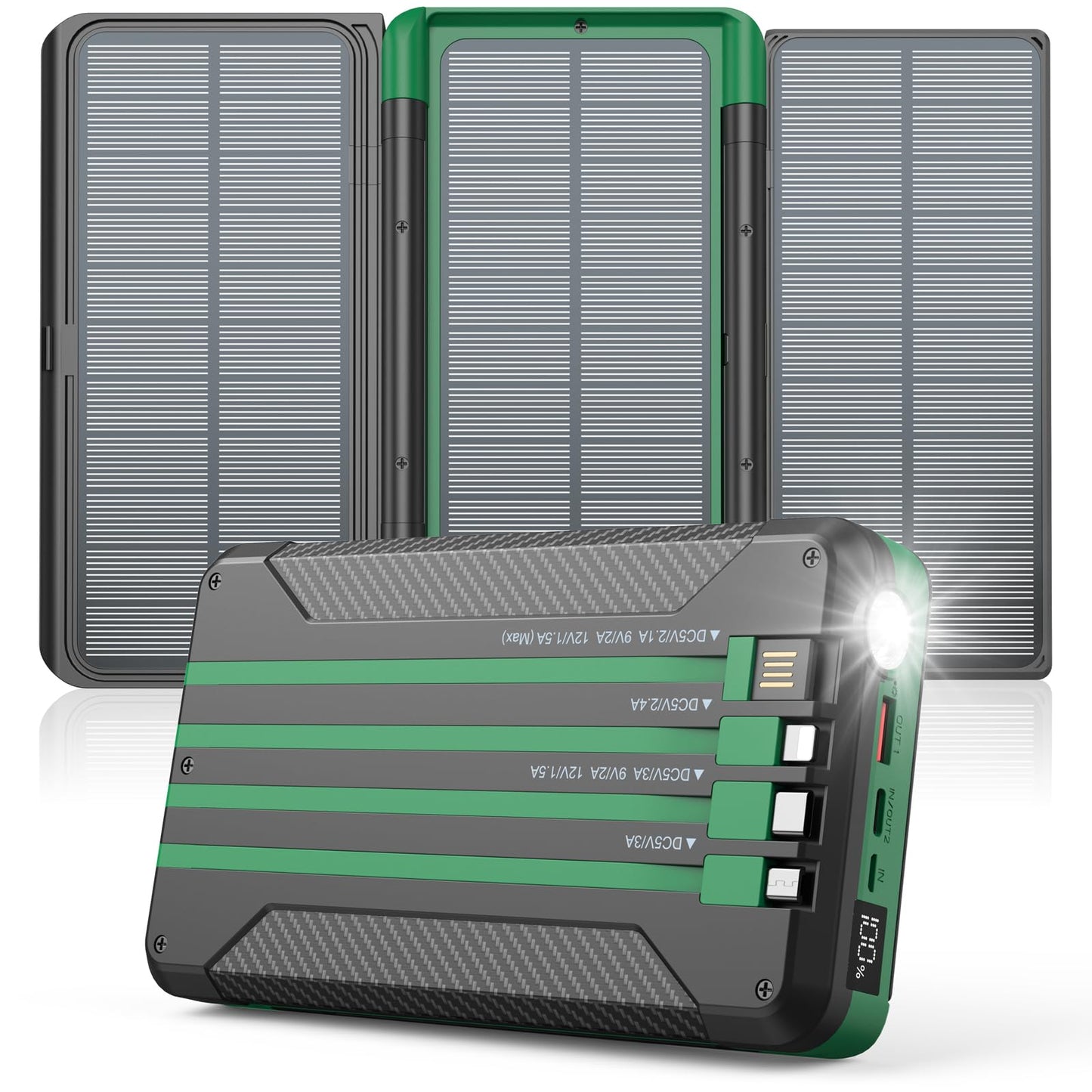 Power Bank Solar Charger 46800mAh Built in 4 Cables 3 Foldable Solar Panels, PD20W Fast Charging Portable Charger, LED Display Powerbank USB C in/Output, External Battery Pack with SOS Camping Light