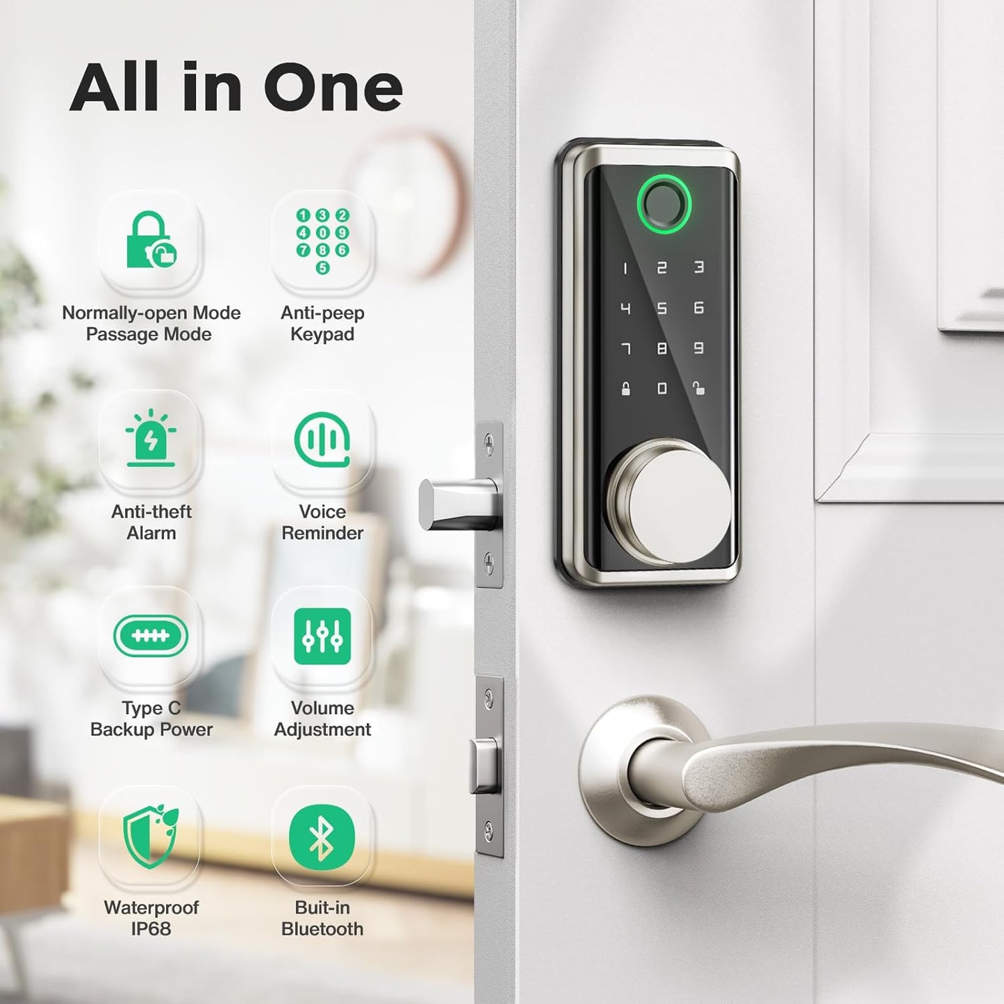 Sophia Keyless Entry Door Lock, Smart Auto Locks for Front Door & Key Fobs & Remote Control, Keypad Deadbolt Digital, Fingerprint Door Lock with Code, Cerraduras Inteligentes, IP68, Satin Nickel