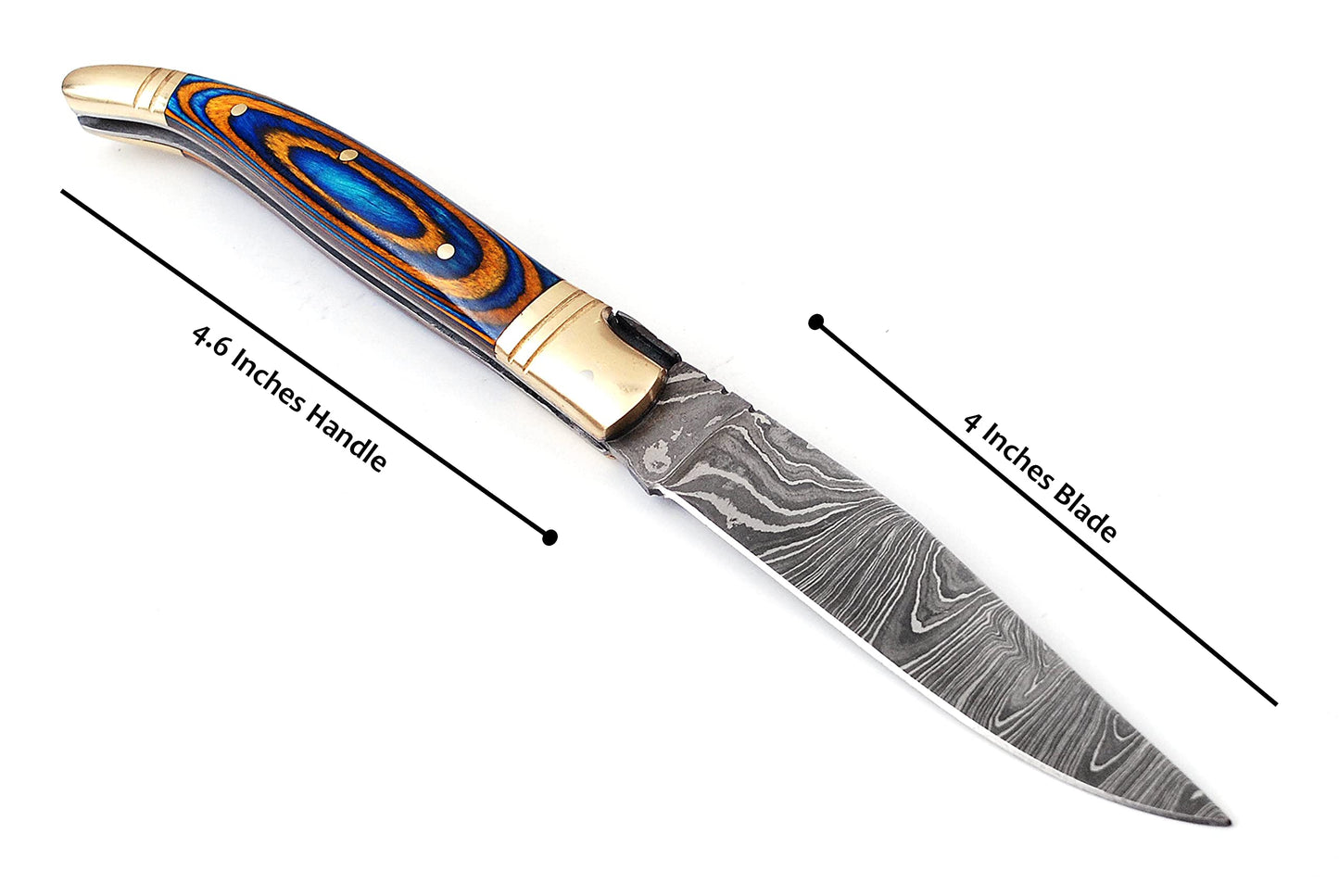 Damascus steel folding knife with leather sheath, 8.5 inches long laguiole pocket knife with 4 inches long Damascus steel Blade, 4.5 inches Blue multi colored wood scale with Brass bolster and pommel,