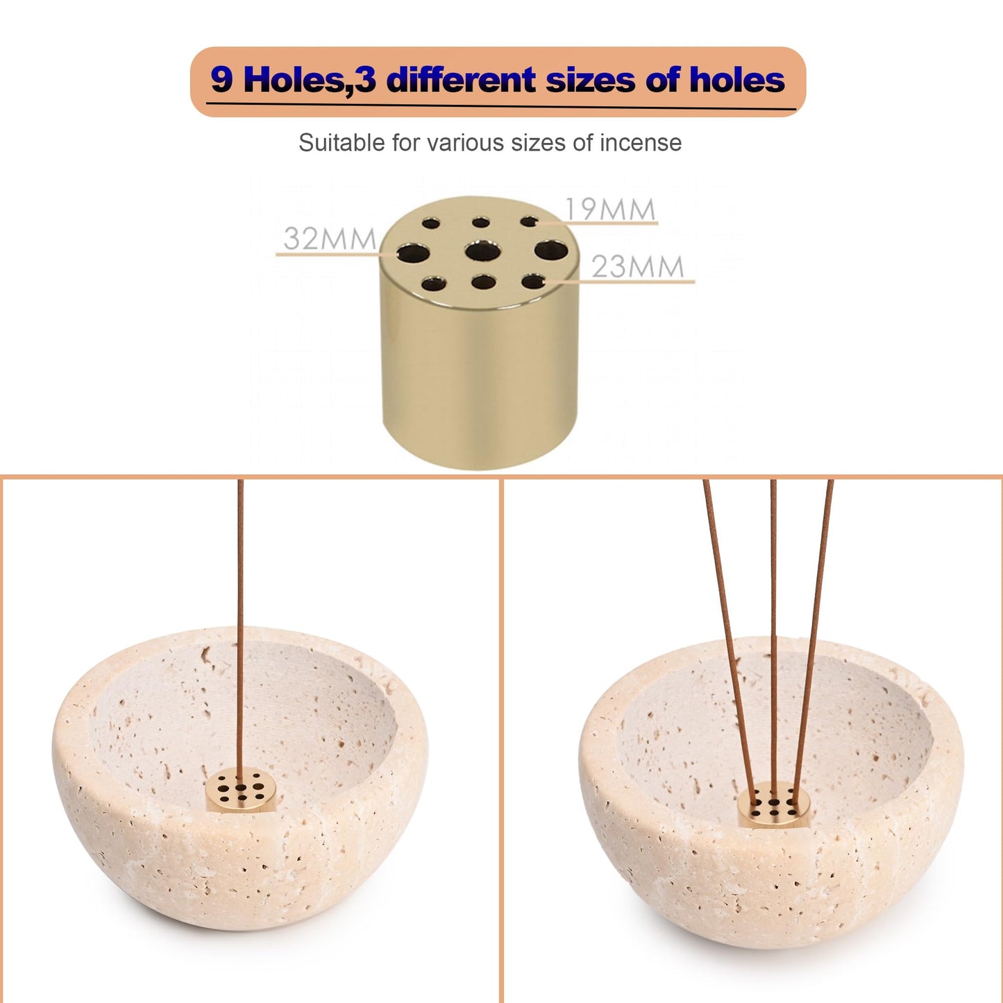 Handmade Travertine Stone Incense Resin Burner Holder – Natural Stone Incense Burner with Brass Insert for Home Decor & Relaxation