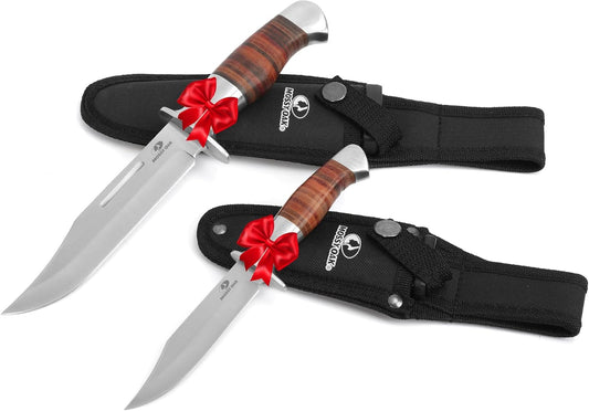 Mossy Oak Fixed Blade Bowie Knife, 2-piece Hunting Knife with Leather Handle Featuring Laser Pattern, Sheath Included