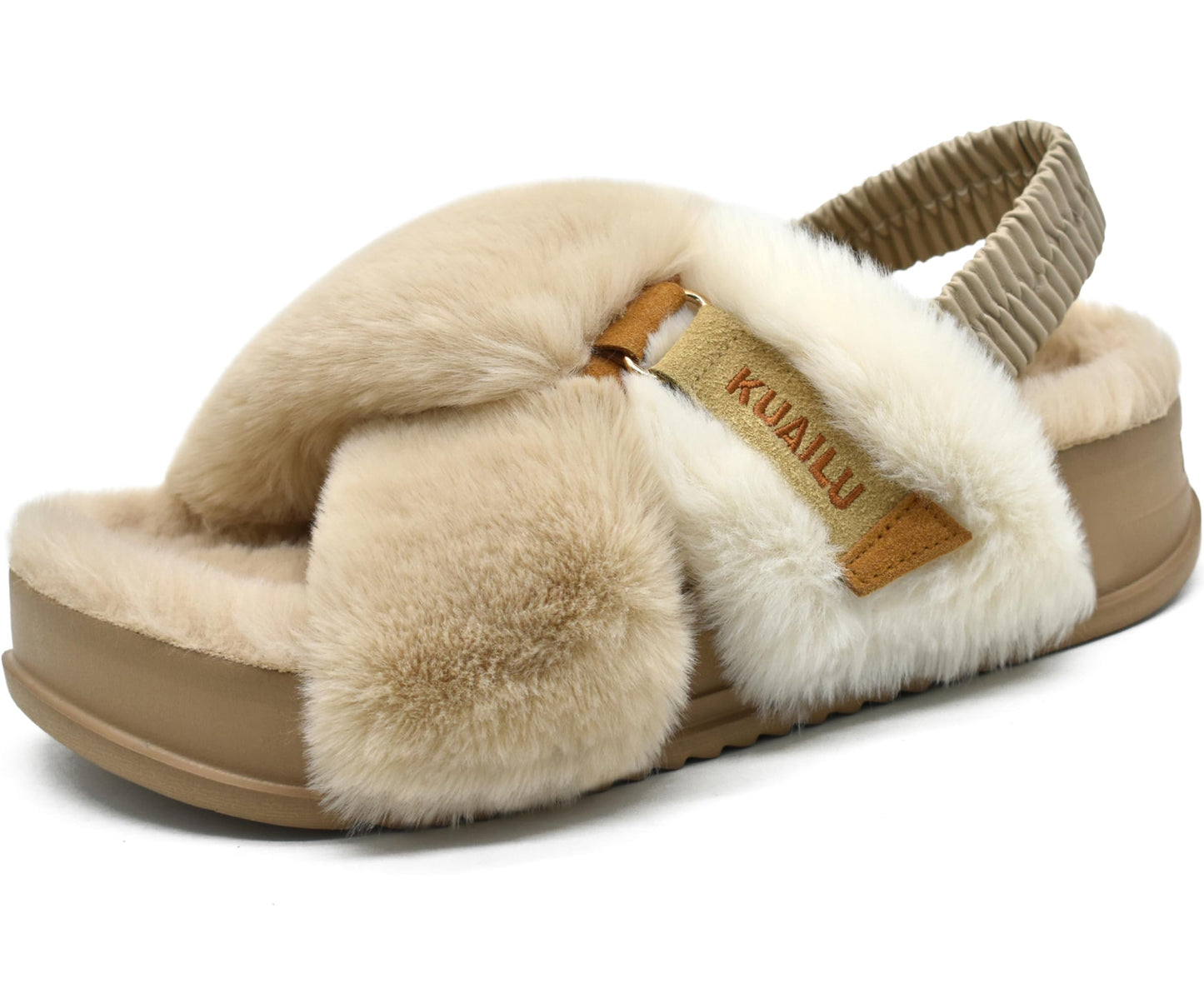 KuaiLu Womens Fuzzy Criss Cross Band Platform Slippers Arch Support Furry Faux Fur Ladies Open Toe Cozy Soft Plush Fleece Comfy House Shoes Sandals
