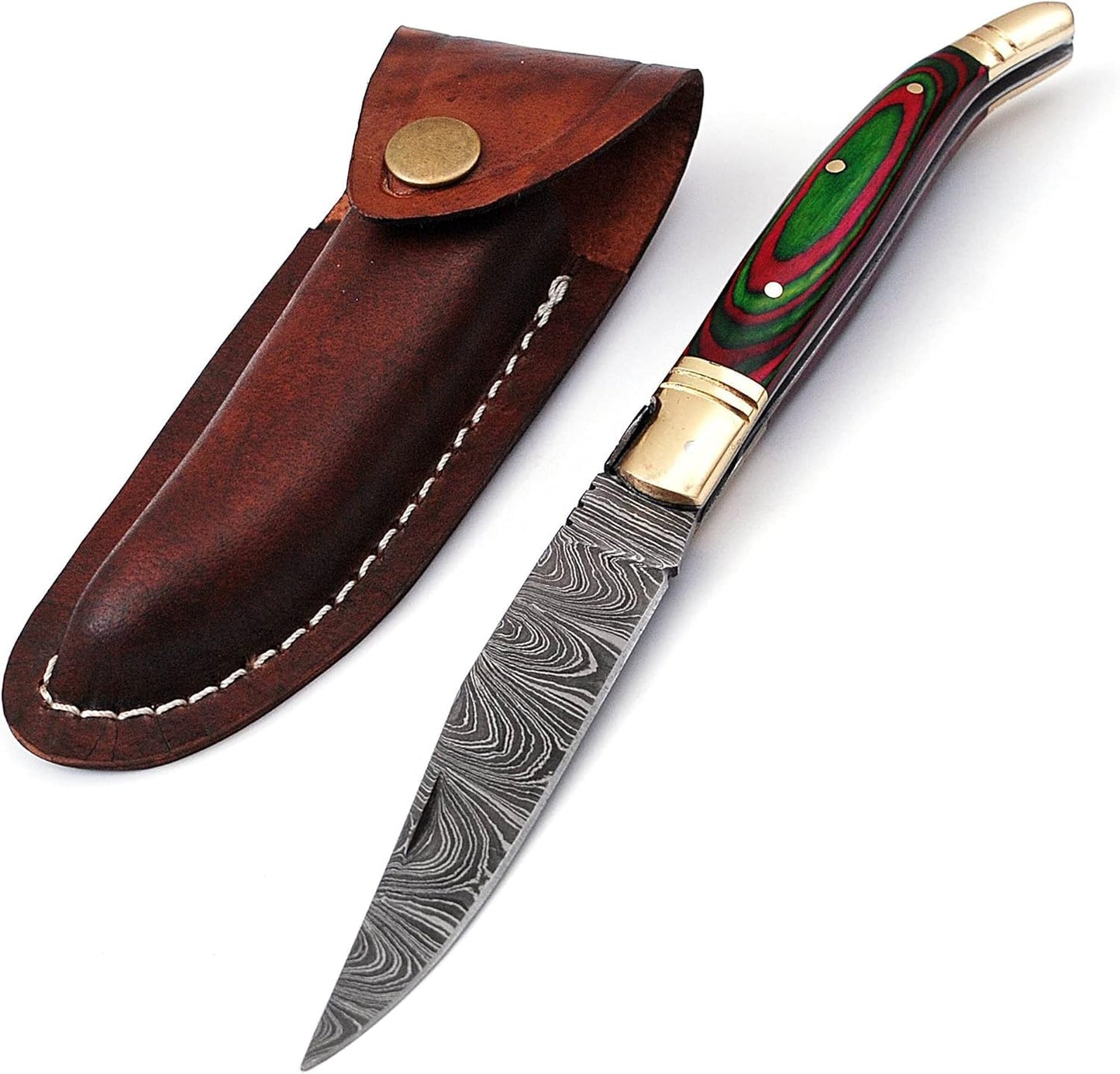 Damascus steel folding knife with leather sheath, 8.5 inches long laguiole pocket knife with 4 inches long Damascus steel Blade, 4.5 inches Blue multi colored wood scale with Brass bolster and pommel,