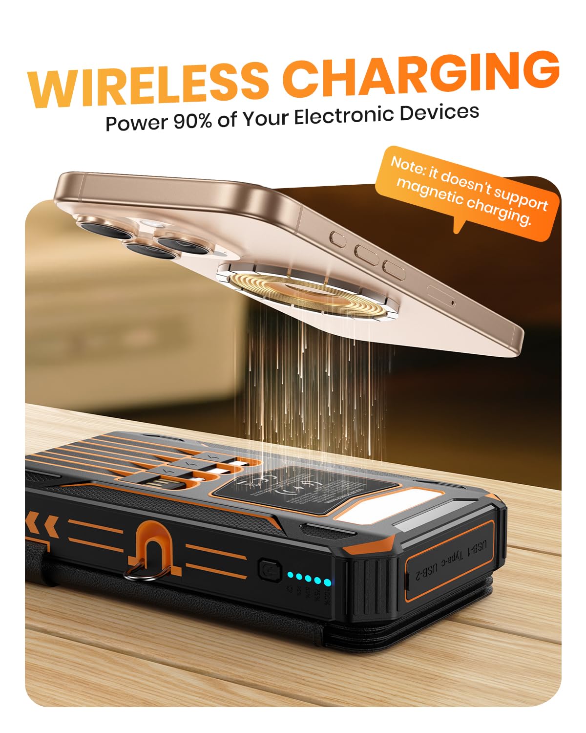 SOARAISE Solar Charger Power Bank - 48000mAh Wireless Portable Charger Built-in 4 Cables and 4 Solar Panels, PD QC 3.0 Fast Charging USB C Battery Pack with Flashlight for Camping Travel