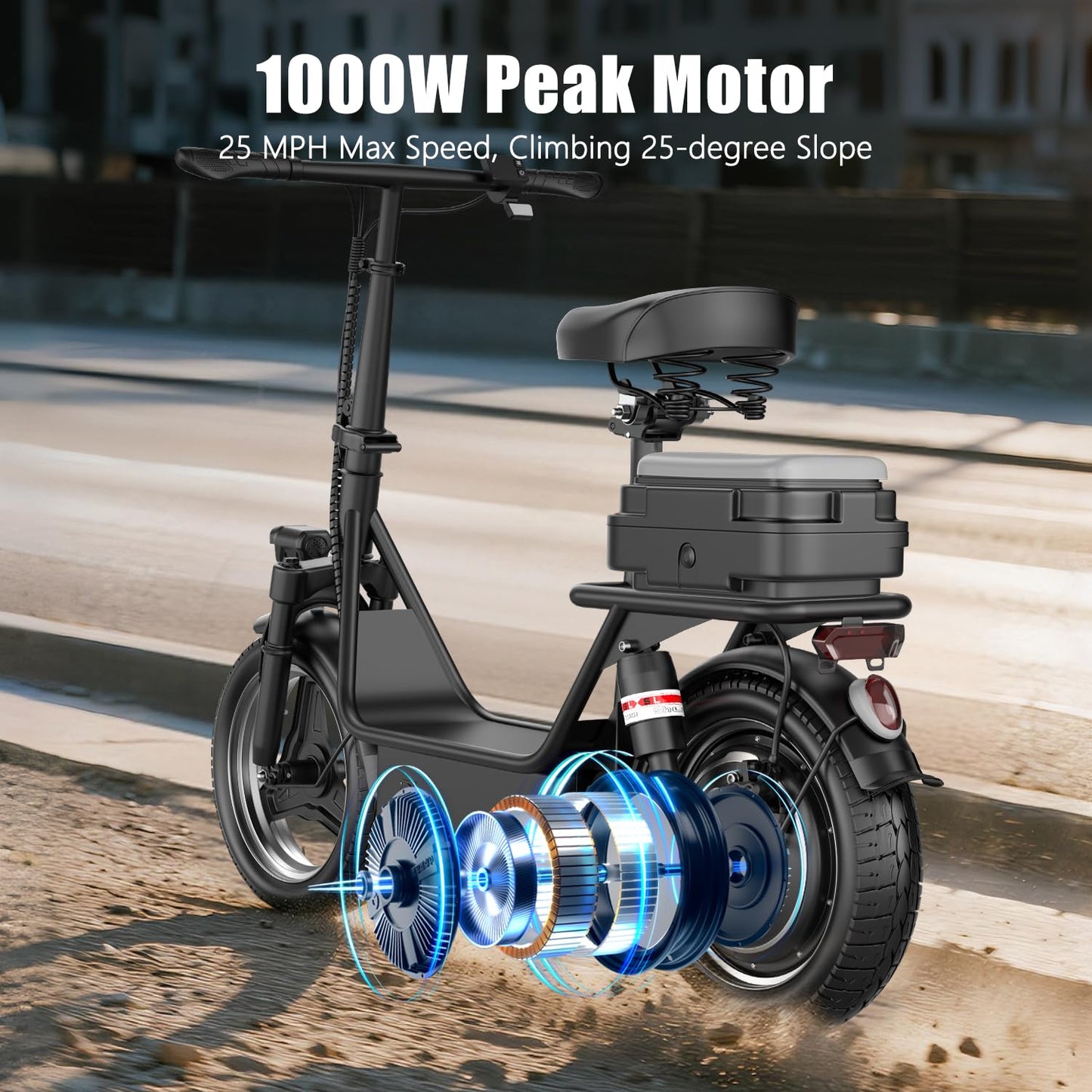 Electric Scooter for Adults, 1000W Peak Motor, Up to 25 MPH 30 Miles, Electric Scooter with Seat, Multiple Suspension, Bright Lights, Provides Comfortable and Safe Ride, 14" E Scooter for Commuting