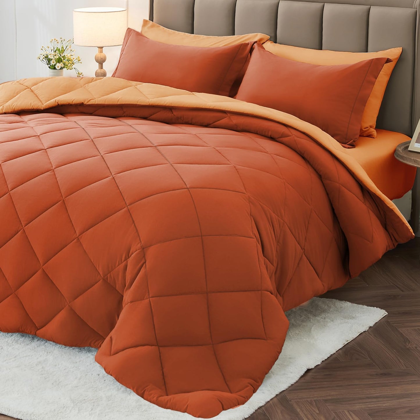 MUXHOMO 7 Pieces Queen Comforter Set, Reversible Bed in a Bag Queen Size, All Season Bedding Set with Comforter, Flat Sheet, Fitted Sheet, Pillowcases & Shams, Red & Black