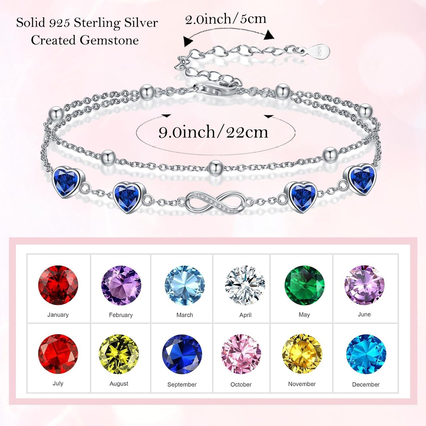 DAMOOR 925 Sterling Silver Infinity Heart Birthstone Anklet Bracelets for Women Layered Anklets Bracelets Birthday Jewelry for Her