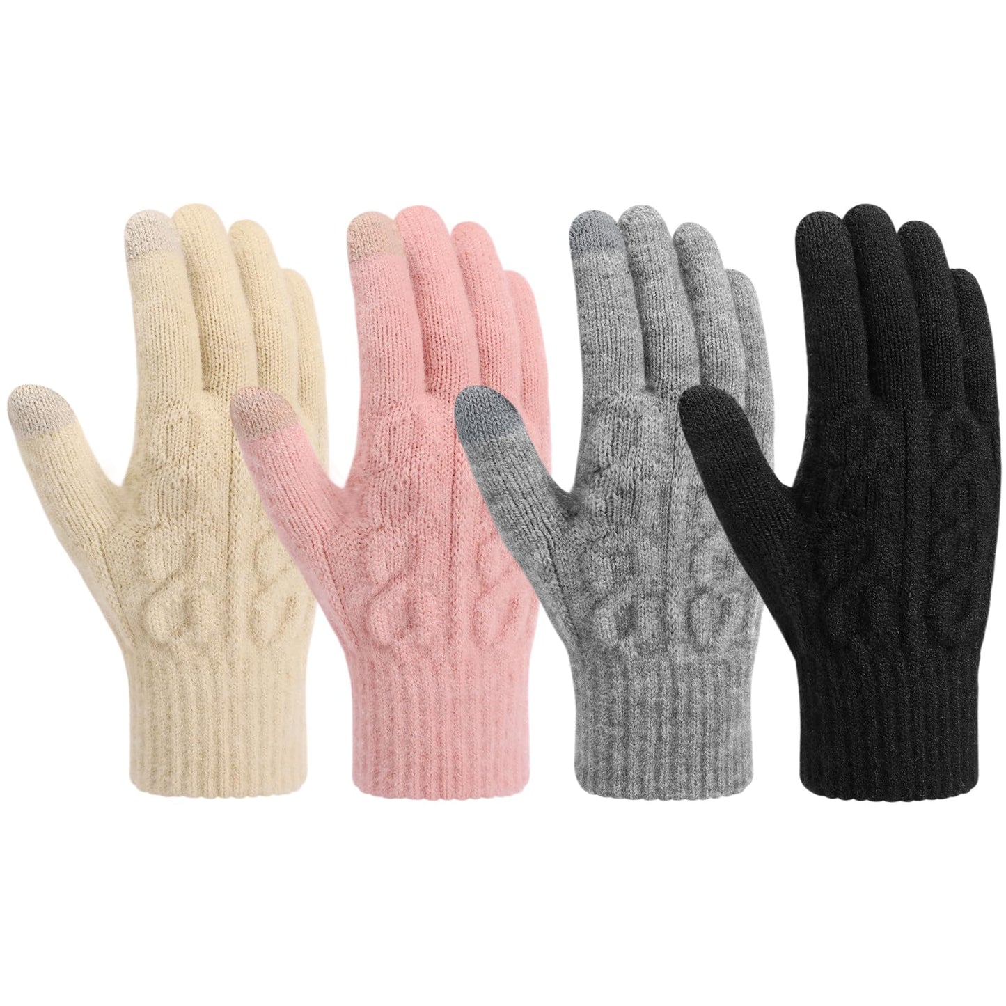 Pleneal 4 Pairs Winter Gloves for Women, Touchscreen Glove Womens Warm Lining Glove, Knitted Gloves for Cold Weather