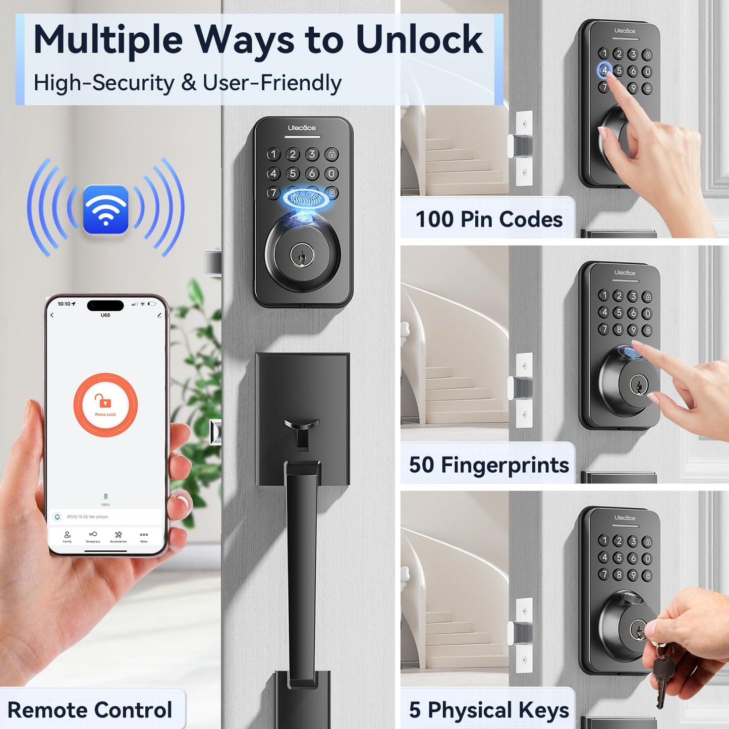 Fingerprint Keypad Deadbolt with Handle Set, Keyless Entry Door Lock, Door Locks for Front Door Lock Set, App Control, Auto Locking, Easy to Install, Matte Black