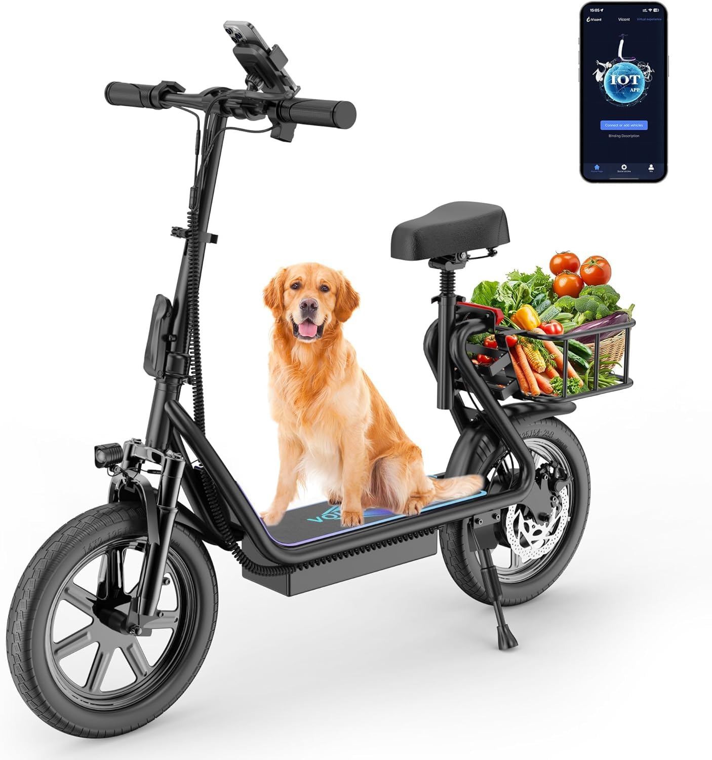 VOLPAM Electric Scooter Adults with Seat & Basket, 500W Powerful Motor, 22 MPH Speed, 27 Mile Range, 14" Tires,Foldable E Scooter with Seat