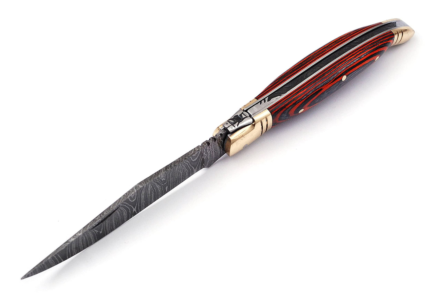 Damascus steel folding knife with leather sheath, 8.5 inches long laguiole pocket knife with 4 inches long Damascus steel Blade, 4.5 inches Blue multi colored wood scale with Brass bolster and pommel,