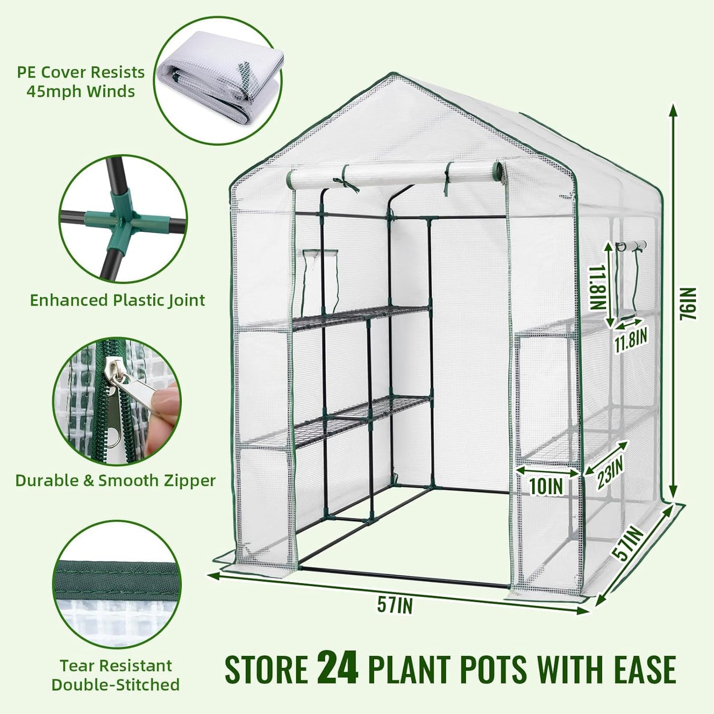 Greengro Greenhouse, 57 x 57 x 76'' Greenhouses for Outdoors, Durable Green House Kit with Window, Thicken PE Cover, 3 Tiers 8 Shelves, Heavy Duty Walk in Green Houses for Indoor Backyard Outside