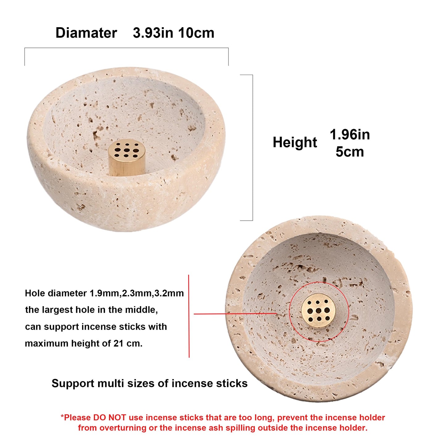 Handmade Travertine Stone Incense Resin Burner Holder – Natural Stone Incense Burner with Brass Insert for Home Decor & Relaxation