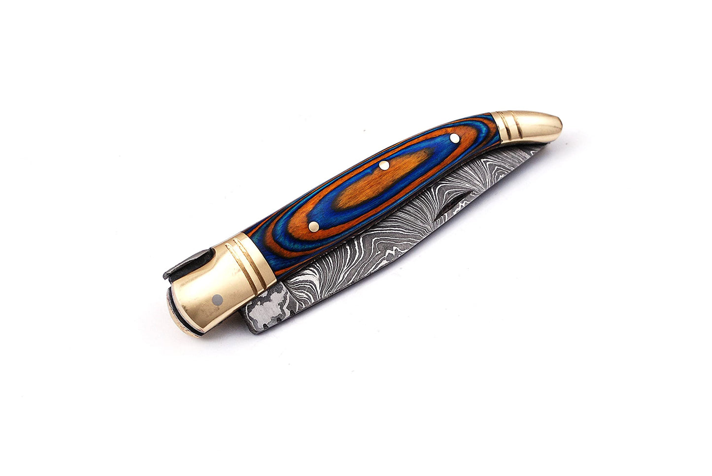 Damascus steel folding knife with leather sheath, 8.5 inches long laguiole pocket knife with 4 inches long Damascus steel Blade, 4.5 inches Blue multi colored wood scale with Brass bolster and pommel,