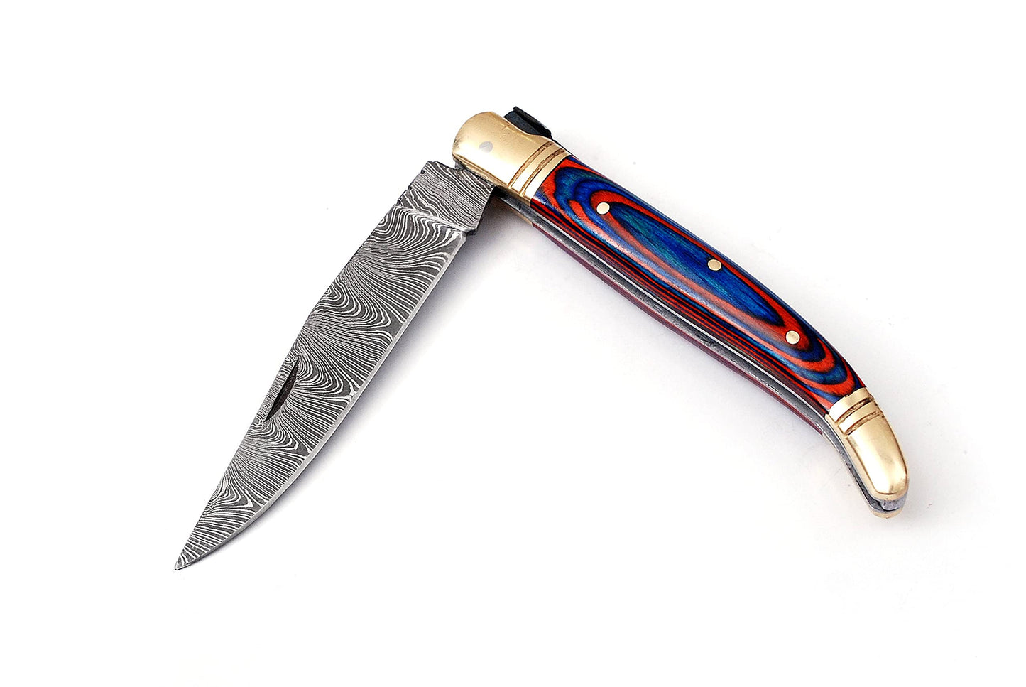 Damascus steel folding knife with leather sheath, 8.5 inches long laguiole pocket knife with 4 inches long Damascus steel Blade, 4.5 inches Blue multi colored wood scale with Brass bolster and pommel,