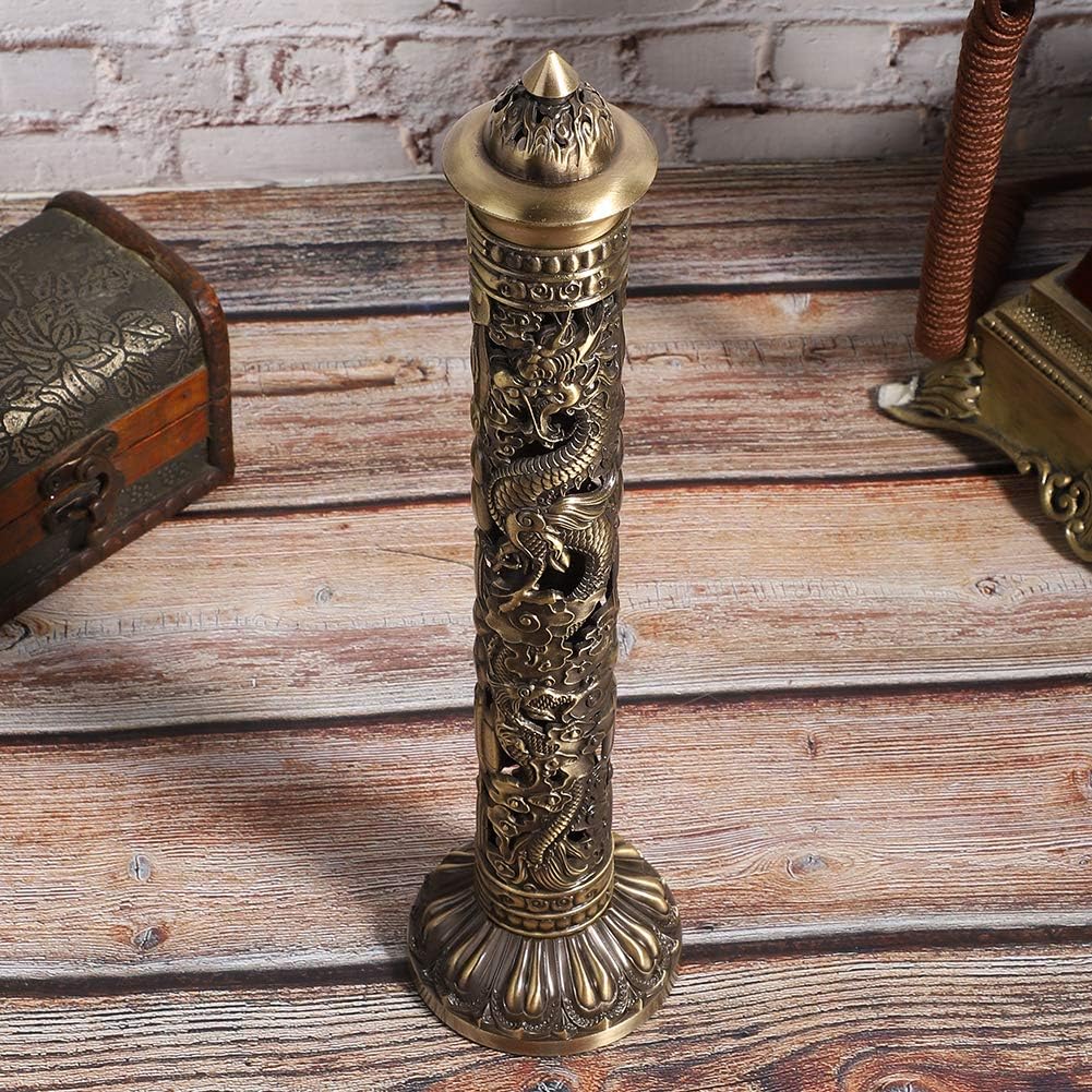 Vertical Incense Burner, Retro Incense Tower Holder Brass Stick Incense Holder Incense Burner with Dragon Phoenix Pattern for Home Office Yoga Meditation, 8.5x7cm/3.3x2.8in