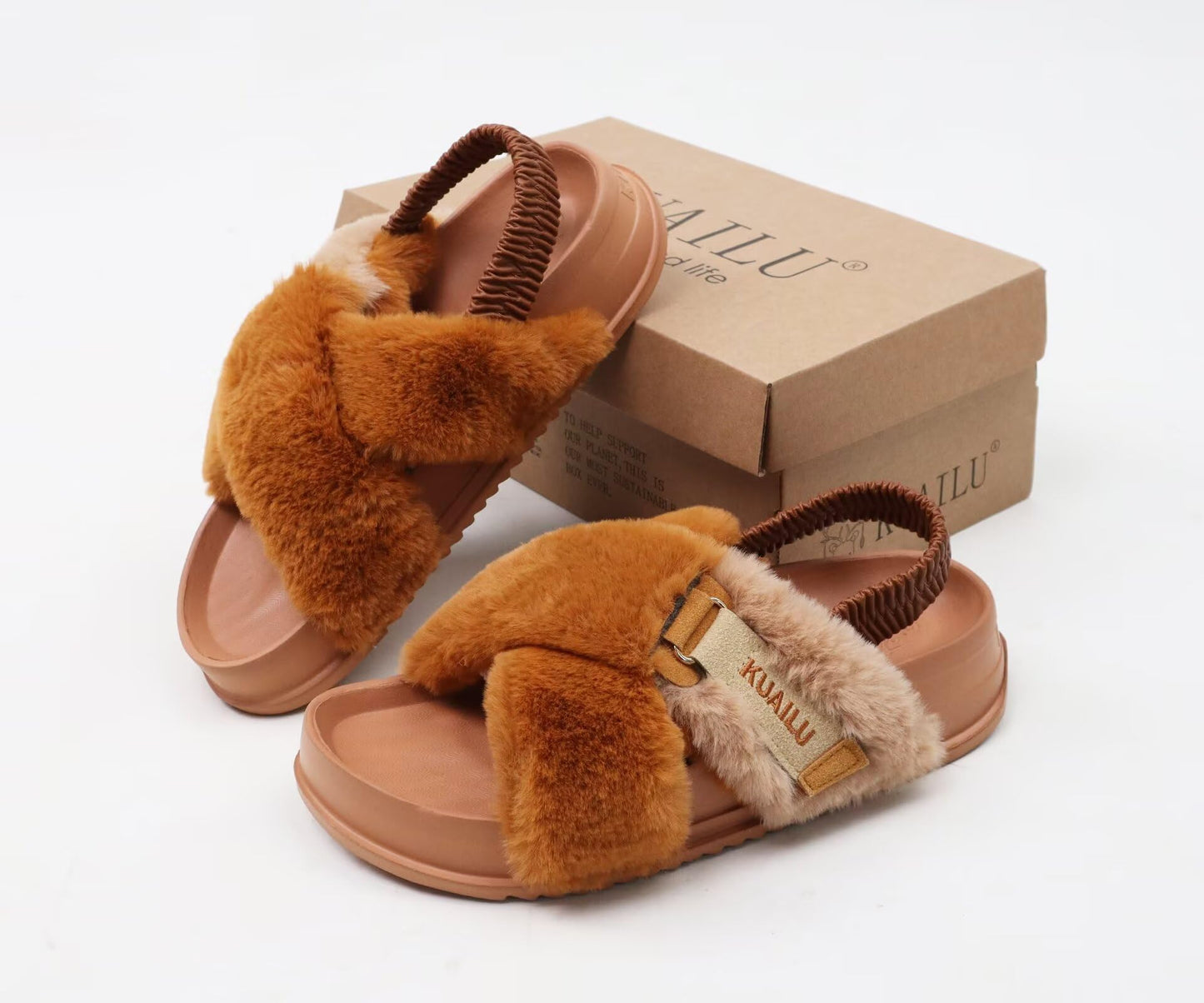 KuaiLu Womens Fuzzy Criss Cross Band Platform Slippers Arch Support Furry Faux Fur Ladies Open Toe Cozy Soft Plush Fleece Comfy House Shoes Sandals