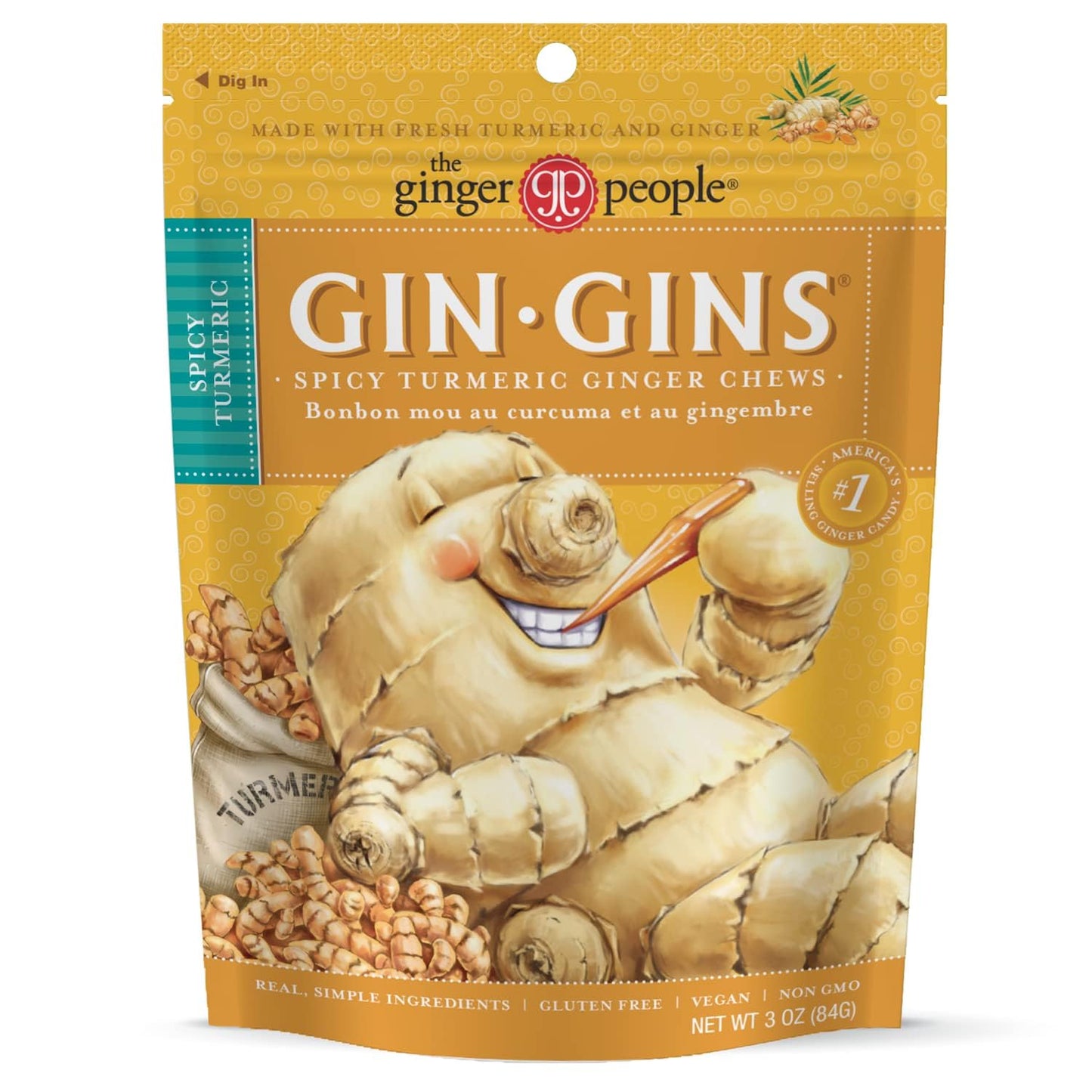 GIN GINS Ginger Chews – Natural Fresh Ginger Candy by The Ginger People – Individually Wrapped Healthy Candy – Original, Apple, Peanut and Turmeric Flavors – Variety Pack – 4 x 3oz bag each flavor (Pack of 4 bags)