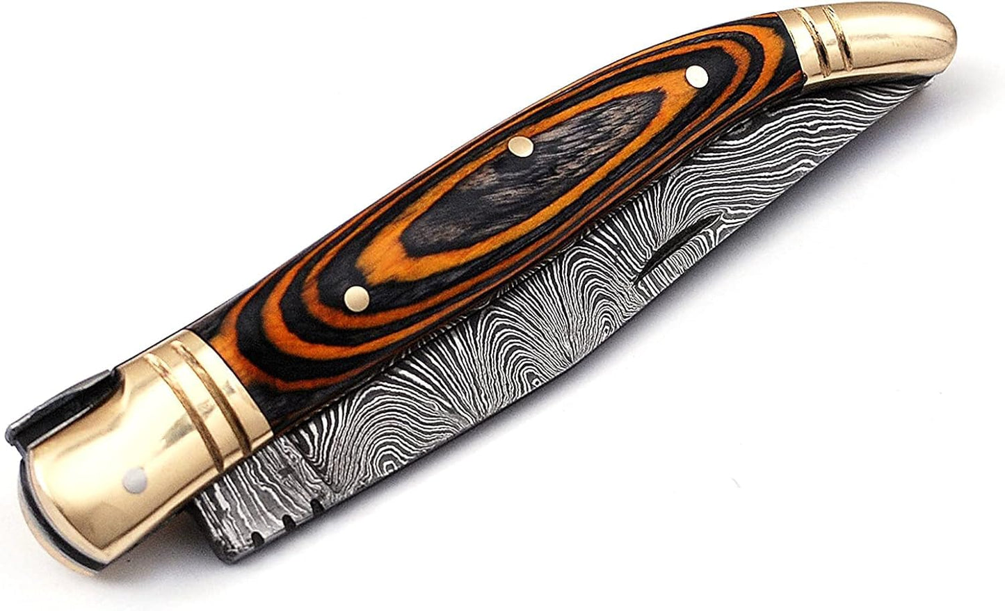 Damascus steel folding knife with leather sheath, 8.5 inches long laguiole pocket knife with 4 inches long Damascus steel Blade, 4.5 inches Blue multi colored wood scale with Brass bolster and pommel,