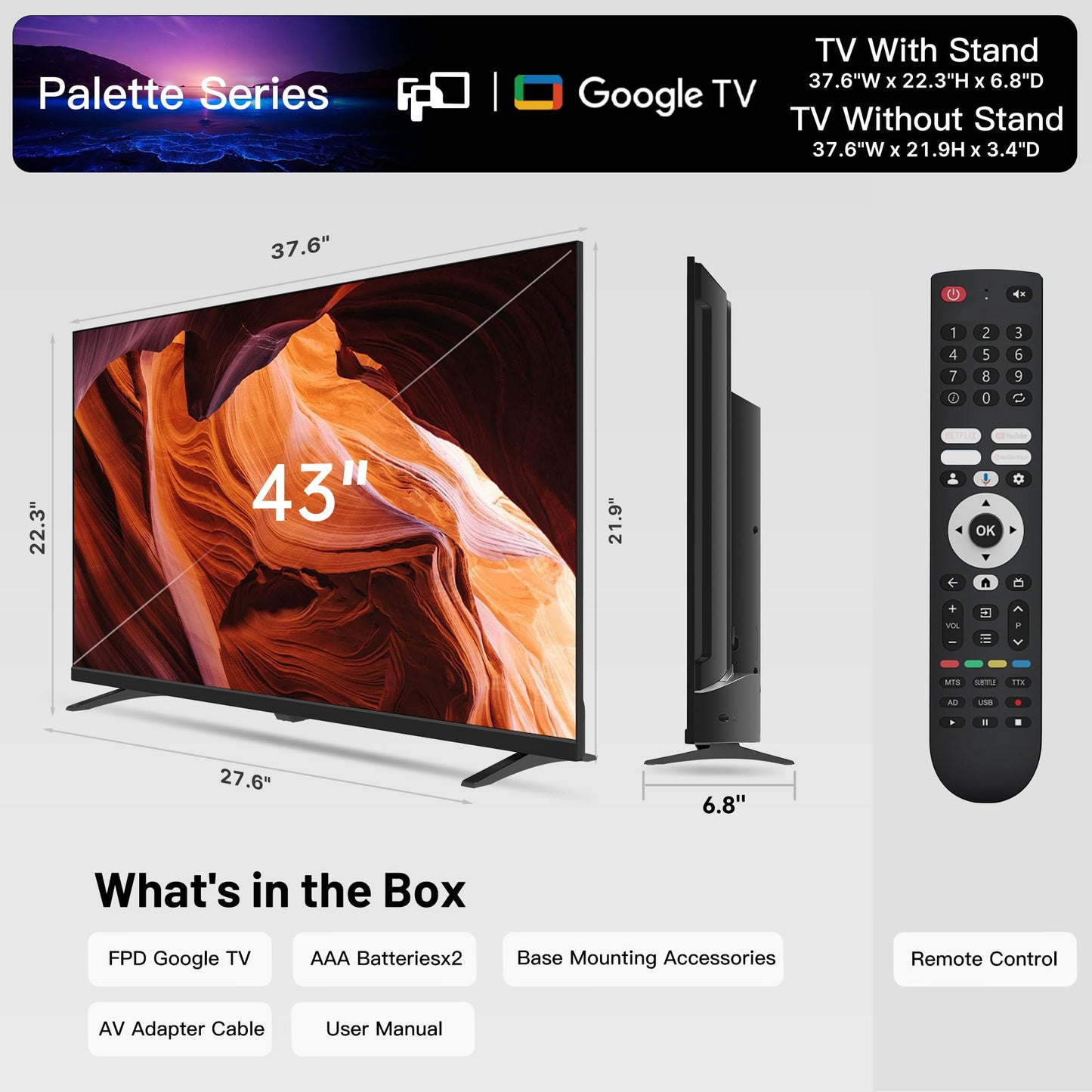 FPD 43 Inch Smart TV, 4K UHD LED Flat Screen Google TV with Google Cast, Bluetooth, HDMI, Streaming Live, HDR 10, Dolby Vision, Ultra Slim Television(Canvas-Series, CG43-C3, 2025)