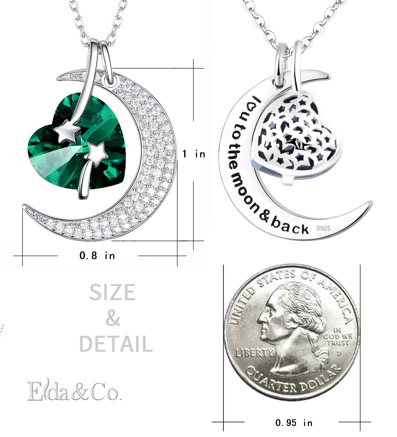 I Love You to the Moon and Back Half Moon Necklace Jewelry Birthday Gifts Mom Wife January February Birthstones Garnet Amethyst and More Stones 925 Sterling Silver