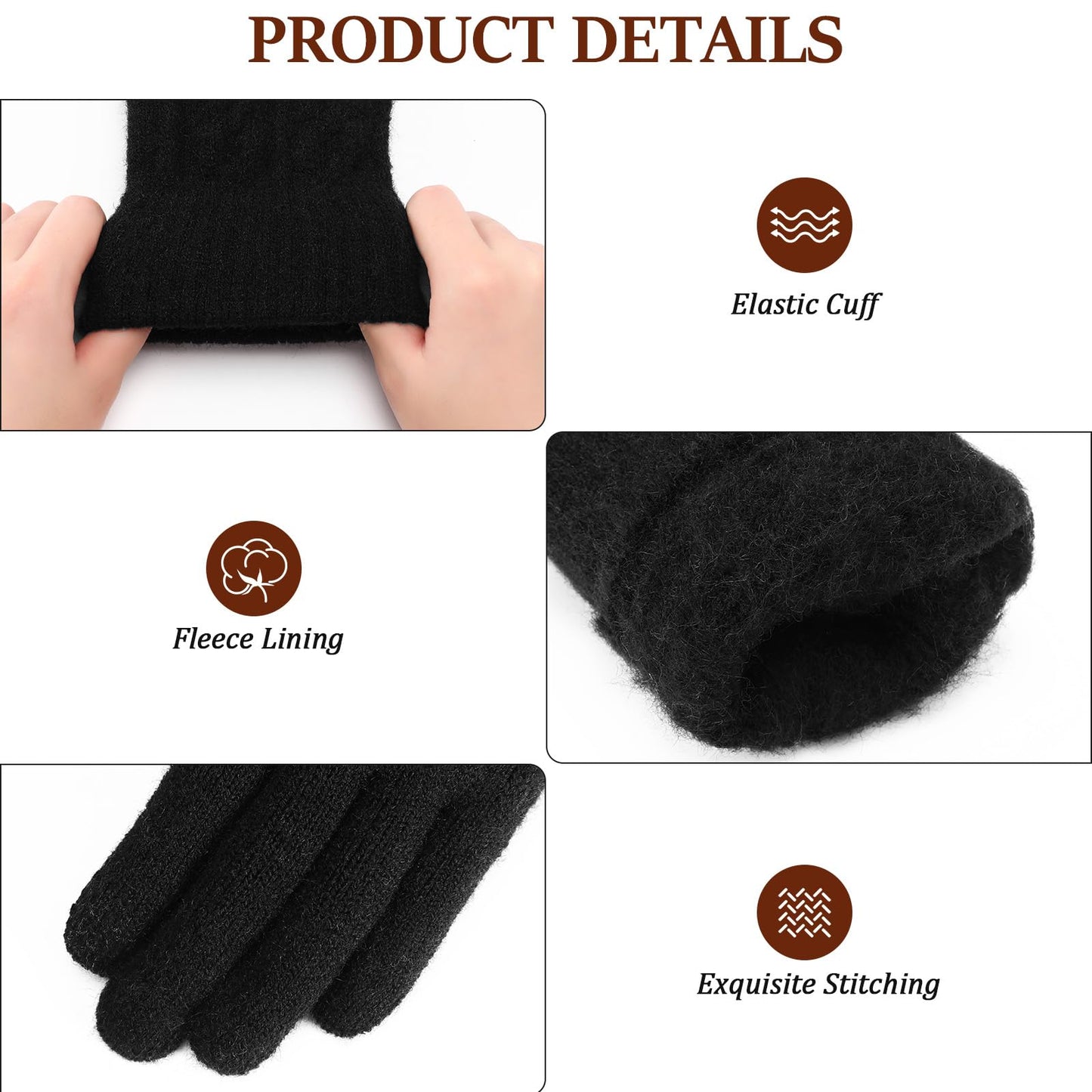 Pleneal 4 Pairs Winter Gloves for Women, Touchscreen Glove Womens Warm Lining Glove, Knitted Gloves for Cold Weather
