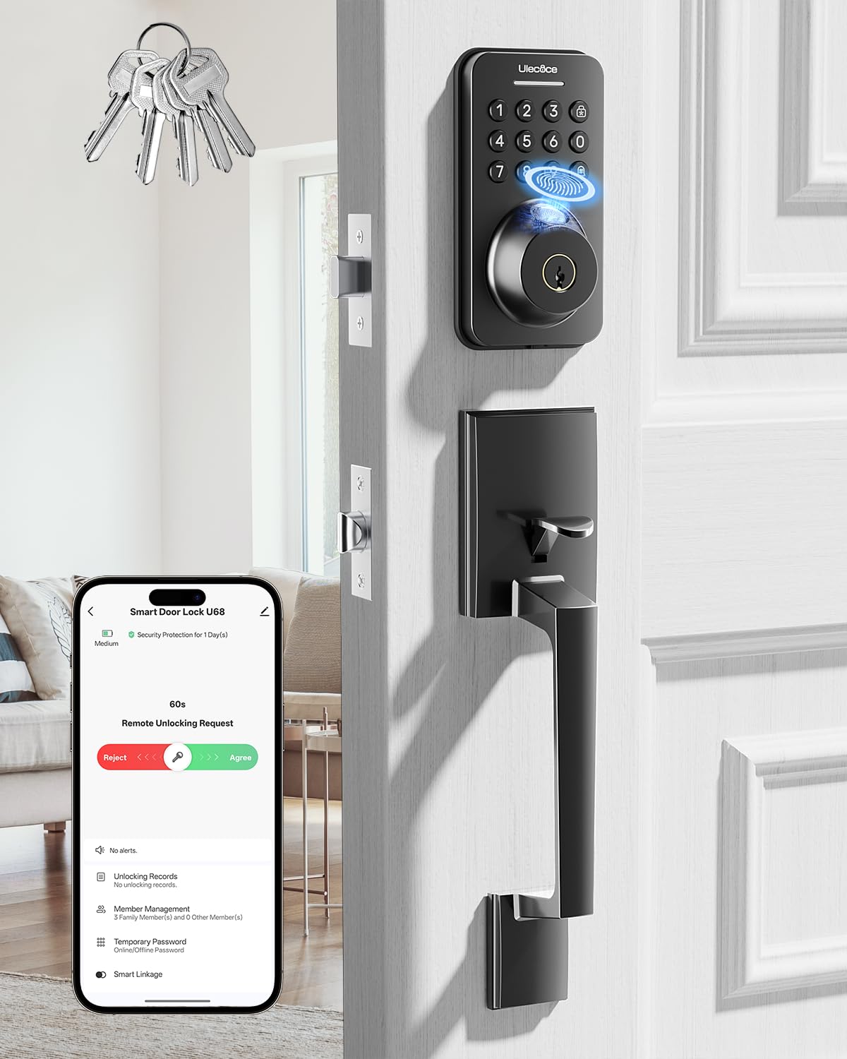 Fingerprint Keypad Deadbolt with Handle Set, Keyless Entry Door Lock, Door Locks for Front Door Lock Set, App Control, Auto Locking, Easy to Install, Matte Black