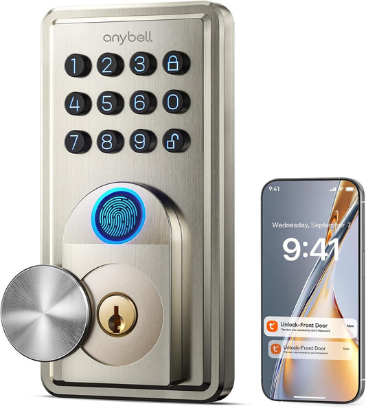 Smart Door Lock, Anybell Fingerprint Door Lock Keyless Entry with Electronic Keypad Deadbolt, App Control, Auto Lock, Biometric Lock for Front Door, Hotel & Office