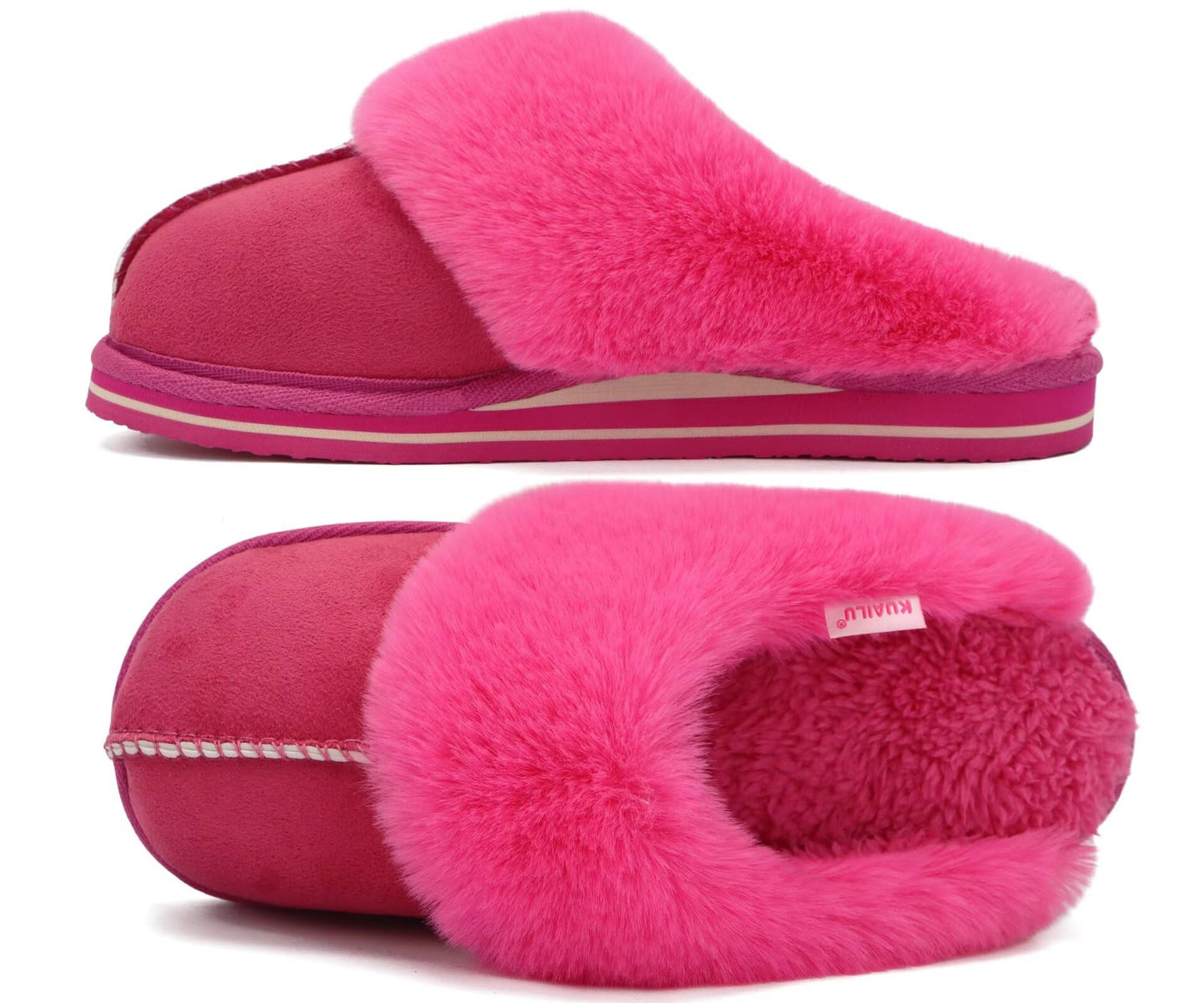 KuaiLu Womens Fluff Dual Memory Foam Slippers Ladies Cozy Arch Support Warm Scuff Slippers Slip on Comfy Winter House Shoes with Non-Slip Indoor Outdoor Hard Sole