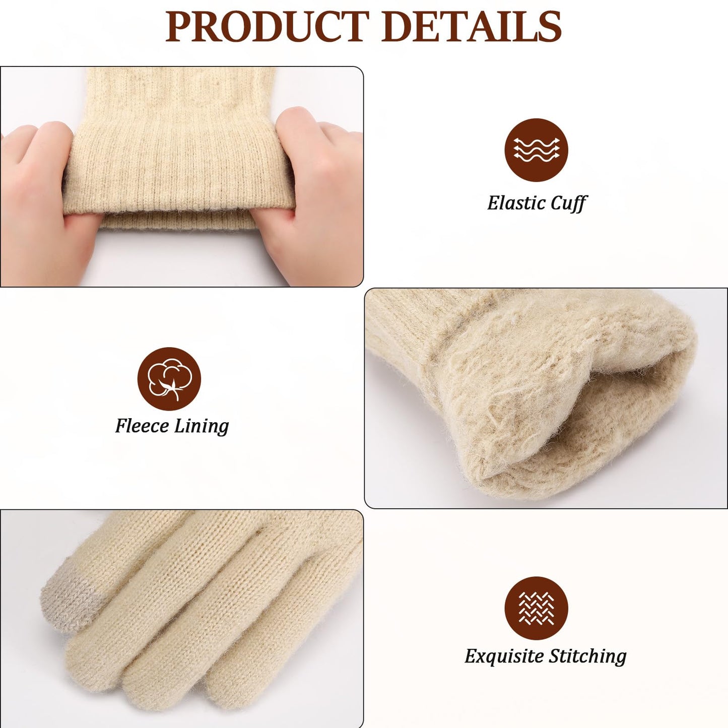 Pleneal 4 Pairs Winter Gloves for Women, Touchscreen Glove Womens Warm Lining Glove, Knitted Gloves for Cold Weather