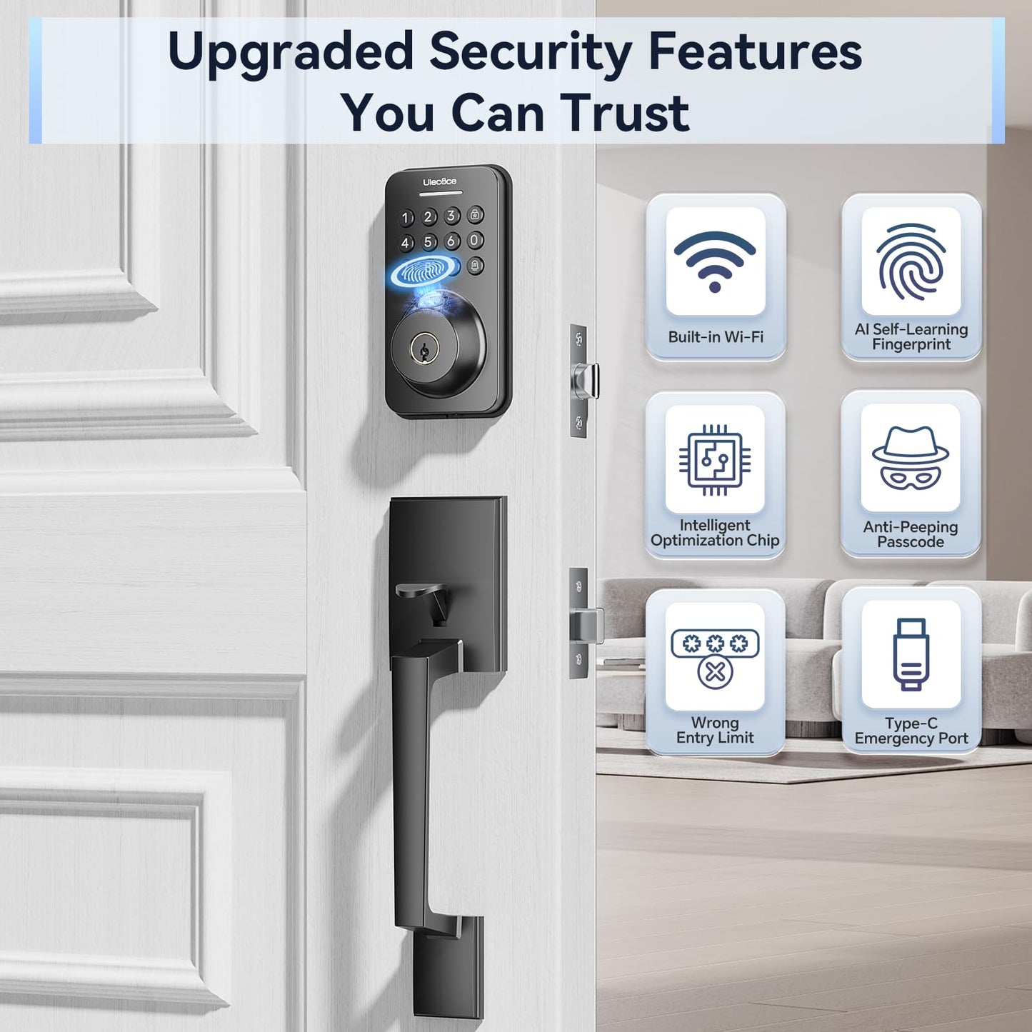 Fingerprint Keypad Deadbolt with Handle Set, Keyless Entry Door Lock, Door Locks for Front Door Lock Set, App Control, Auto Locking, Easy to Install, Matte Black
