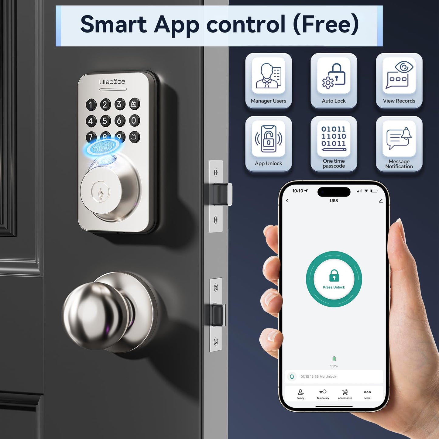 Fingerprint Keypad Deadbolt with Handle Set, Keyless Entry Door Lock, Door Locks for Front Door Lock Set, App Control, Auto Locking, Easy to Install, Matte Black