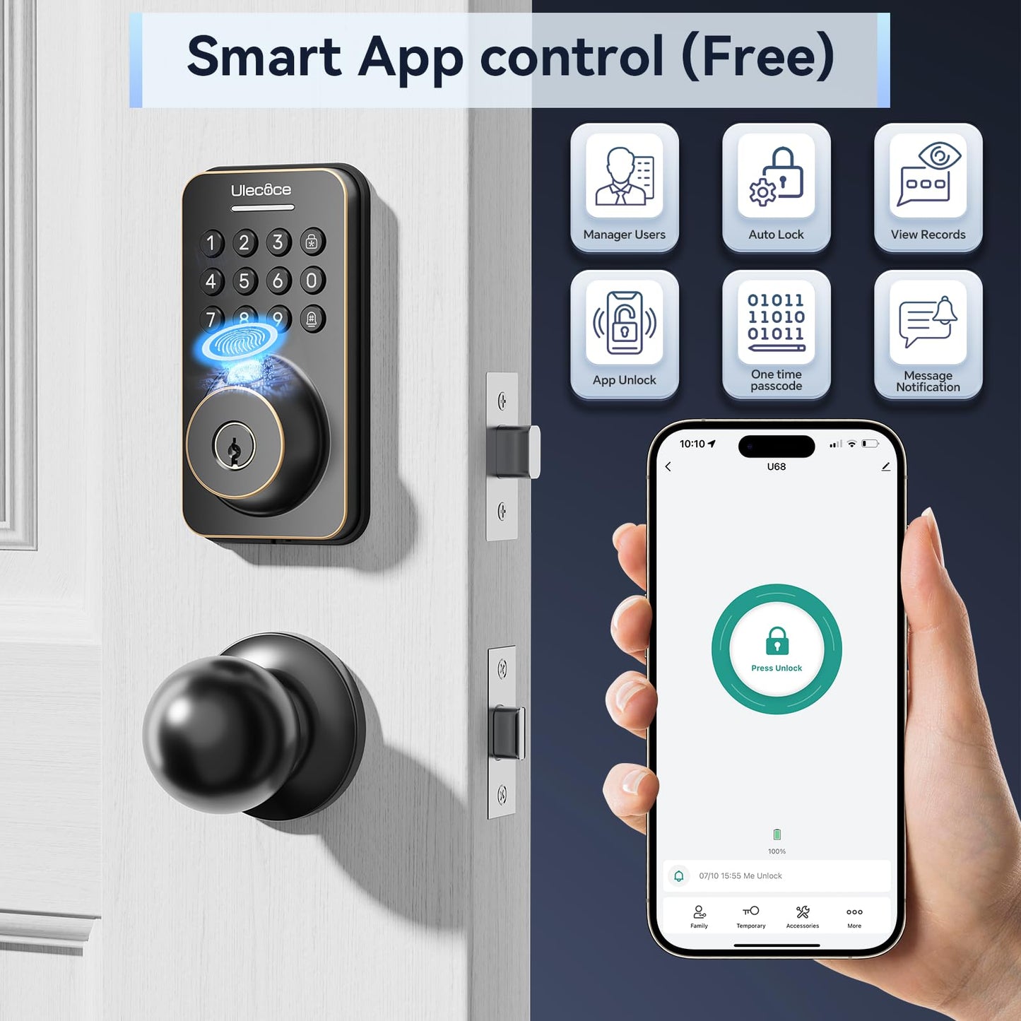 Fingerprint Keypad Deadbolt with Handle Set, Keyless Entry Door Lock, Door Locks for Front Door Lock Set, App Control, Auto Locking, Easy to Install, Matte Black