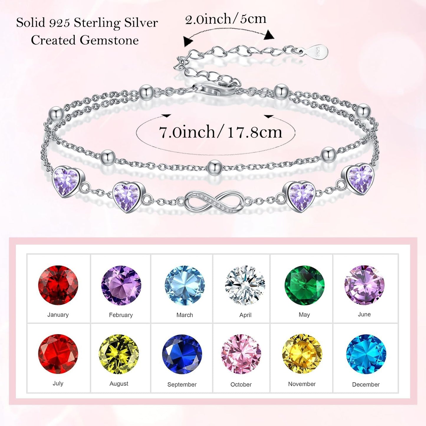 DAMOOR 925 Sterling Silver Infinity Heart Birthstone Anklet Bracelets for Women Layered Anklets Bracelets Birthday Jewelry for Her
