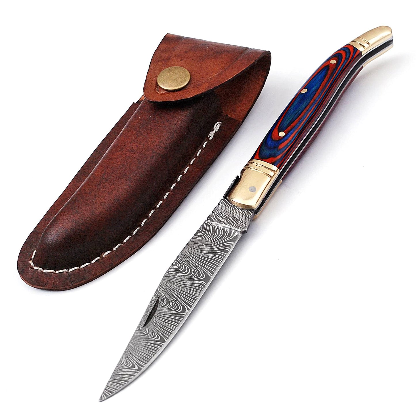Damascus steel folding knife with leather sheath, 8.5 inches long laguiole pocket knife with 4 inches long Damascus steel Blade, 4.5 inches Blue multi colored wood scale with Brass bolster and pommel,