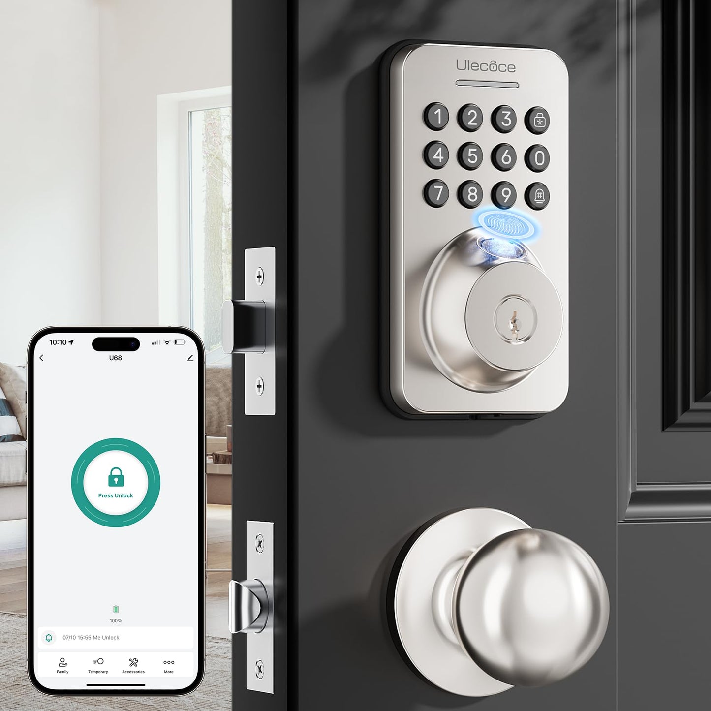 Fingerprint Keypad Deadbolt with Handle Set, Keyless Entry Door Lock, Door Locks for Front Door Lock Set, App Control, Auto Locking, Easy to Install, Matte Black