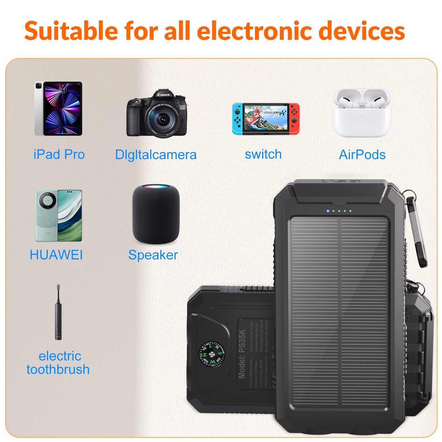 Power Bank Solar Charger 20,000mAh, Portable Phone Charger, 4 Cables Outdoor Waterproof External Backup Power Charger with USB-C for Cell Phones, Solar Battery Pack with Dual Flashlight for Camping