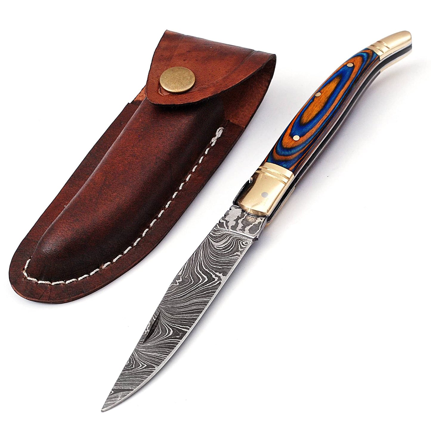 Damascus steel folding knife with leather sheath, 8.5 inches long laguiole pocket knife with 4 inches long Damascus steel Blade, 4.5 inches Blue multi colored wood scale with Brass bolster and pommel,
