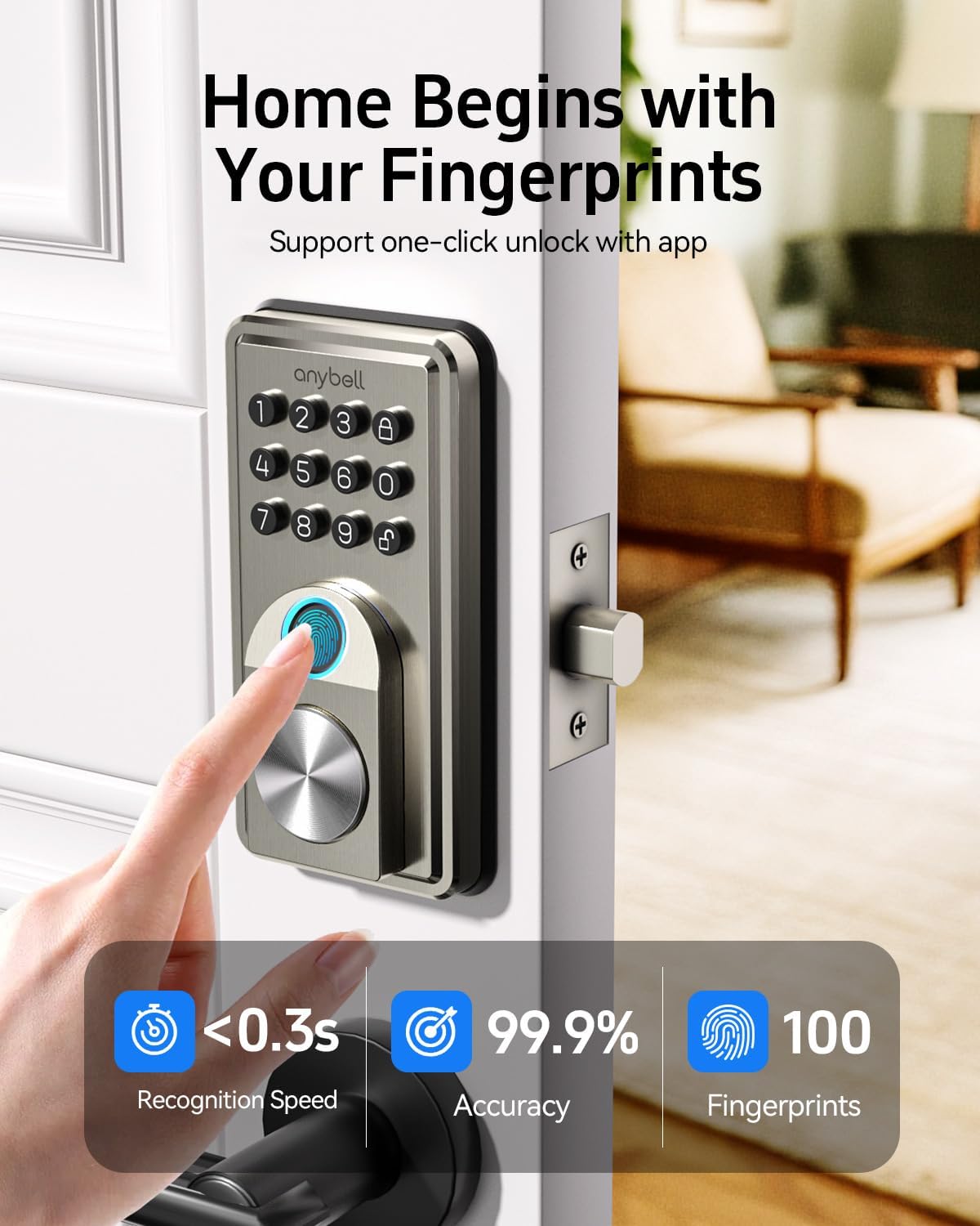 Smart Door Lock, Anybell Fingerprint Door Lock Keyless Entry with Electronic Keypad Deadbolt, App Control, Auto Lock, Biometric Lock for Front Door, Hotel & Office